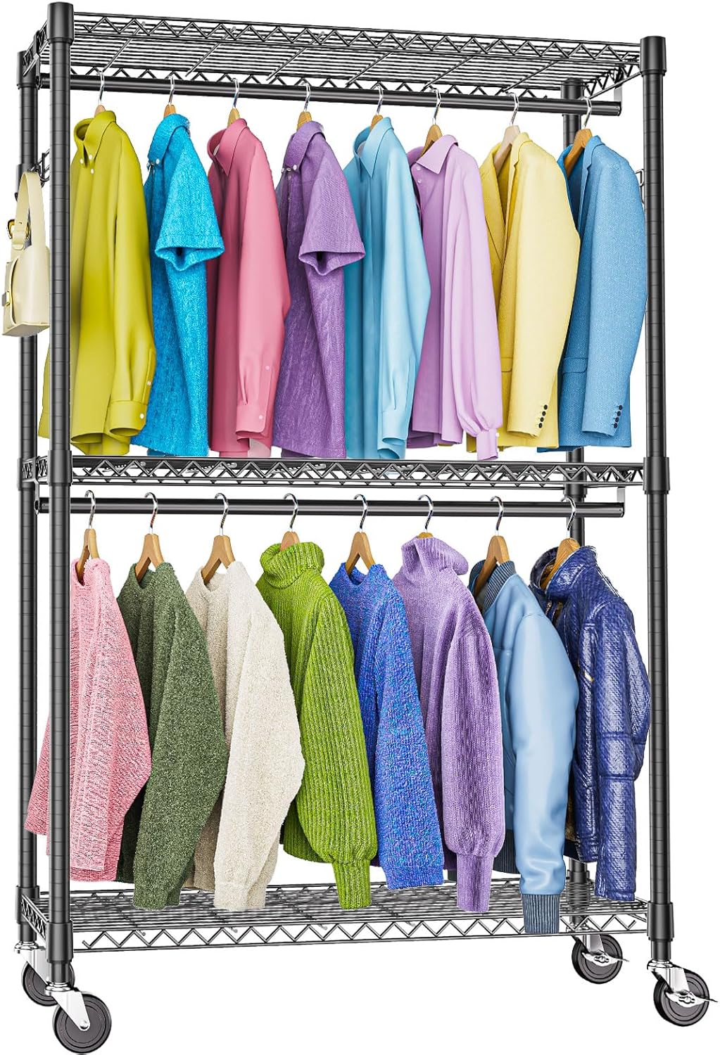 Heavy Duty Rolling Garment Rack 3 Tiers Adjustable Wire Shelving Clothes Rack with 2 Rods and Side