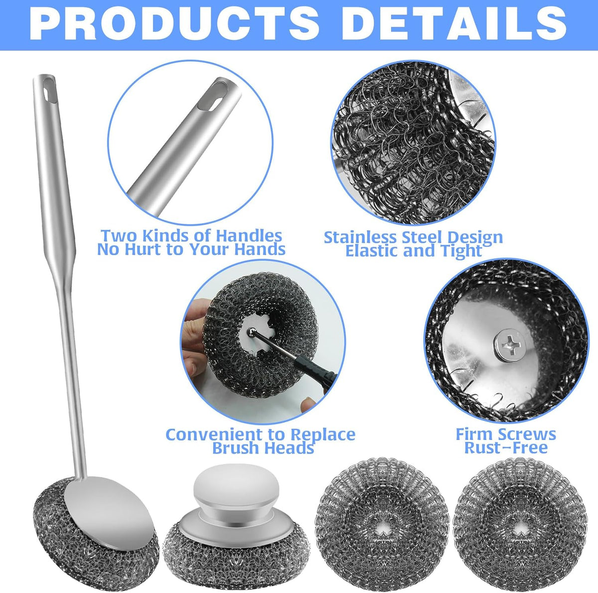 2Pcs Stainless Steel Wool Scrubber Sets, Dish Scrubber with Long Short Handle Stainless Steel