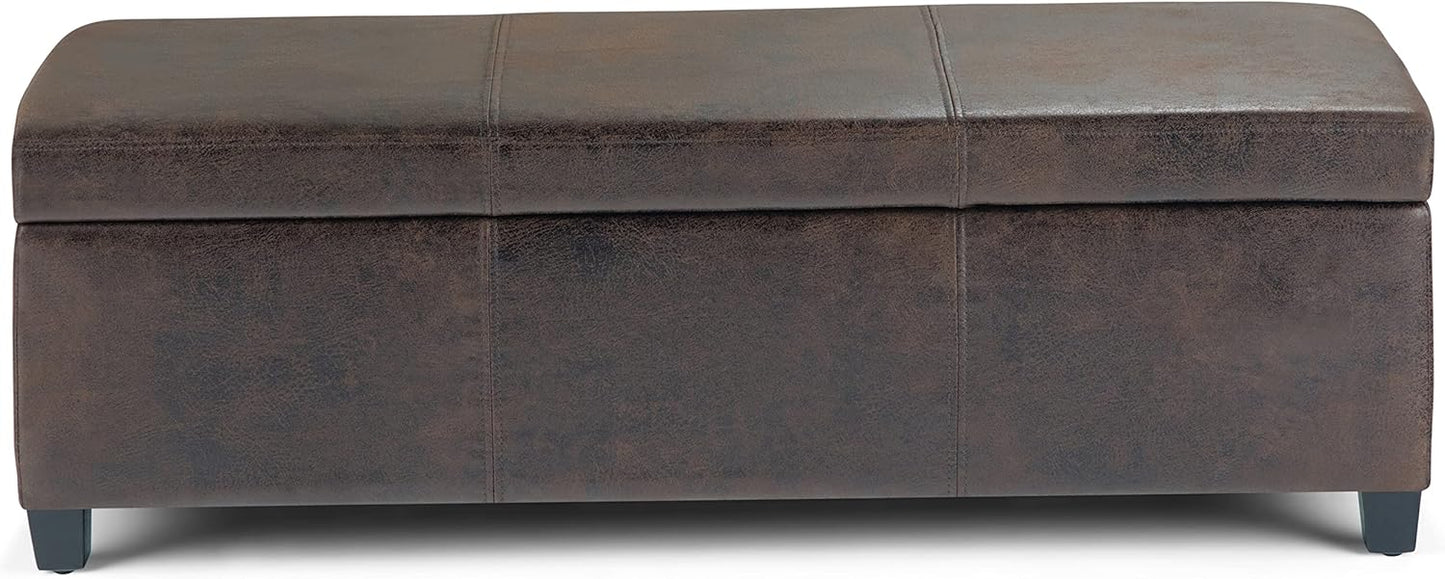 SIMPLIHOME Avalon 48 inch Wide Contemporary Rectangle Storage Ottoman Bench in Distressed Brown