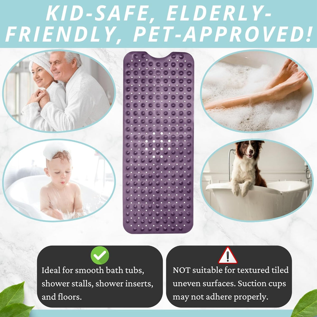 ENKOSI Bath Mat – 40 x 16 Inch Long Non-Slip Bathtub & Shower Mat with Suction Cups – Large PVC