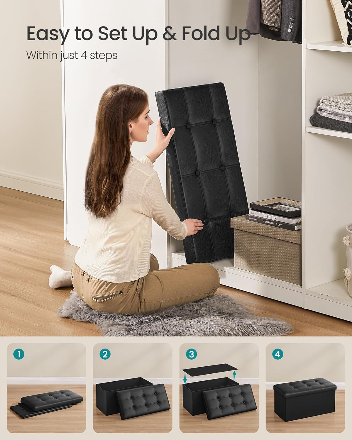 SONGMICS MAZIE Collection - 30 Inches Folding Storage Ottoman Bench, Ottoman with Storage, Foot