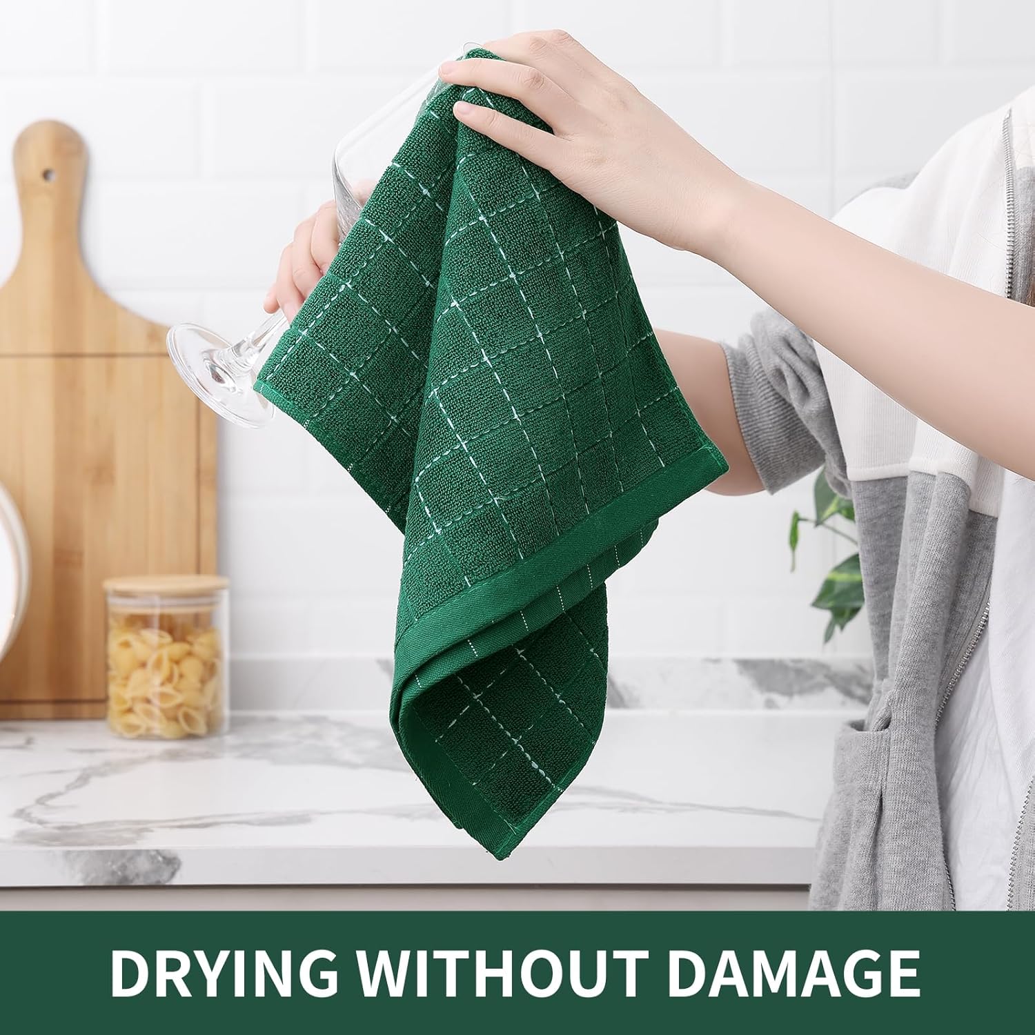 Homaxy 100% Cotton Terry Kitchen Towels(Dark Green, 13 x 28 inches), Checkered Designed, Soft and
