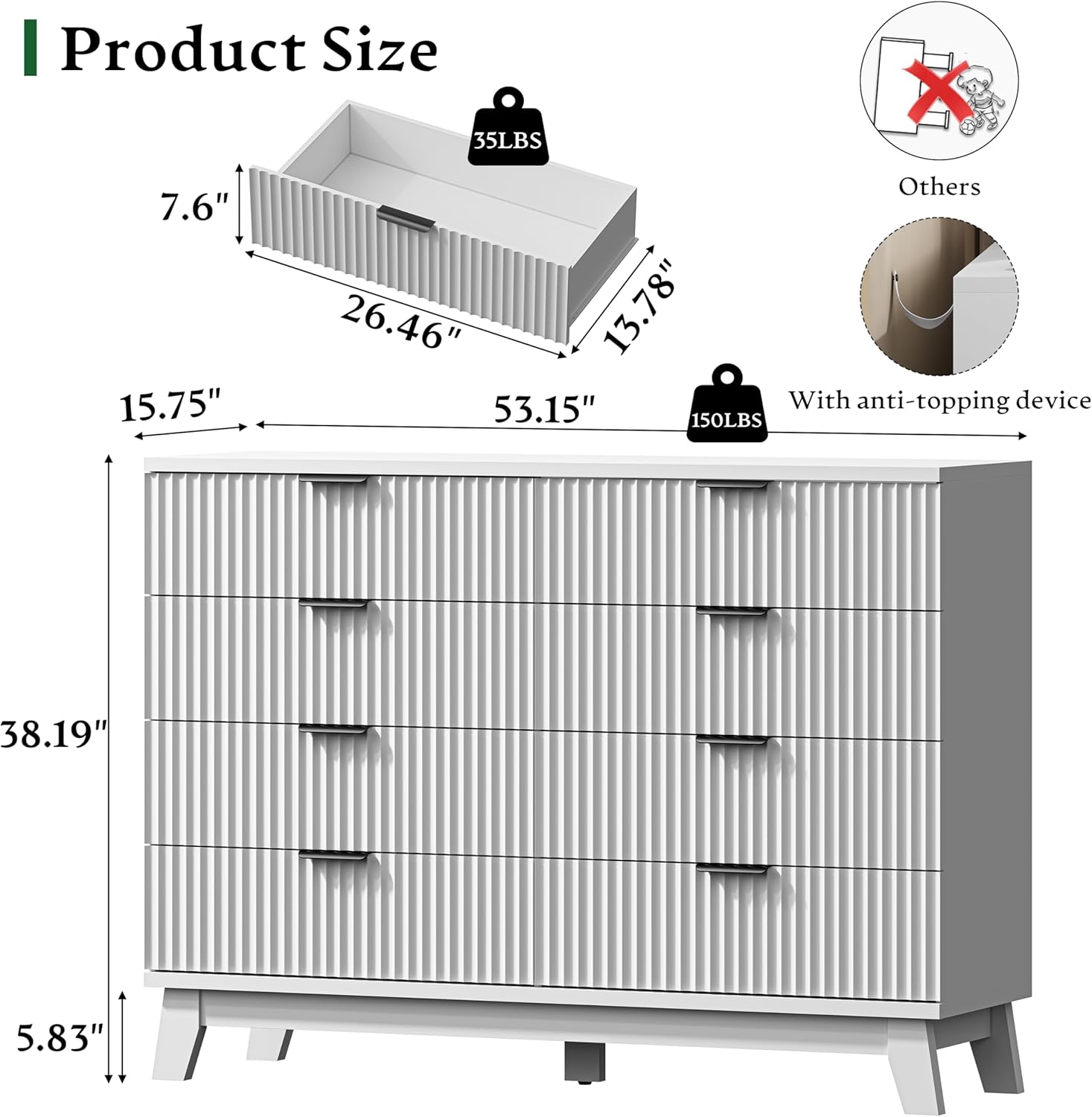Fluted Dresser with 8 Drawers, 54" Wide Modern Chest of Drawers with Metal Handle, Wooden Dresser