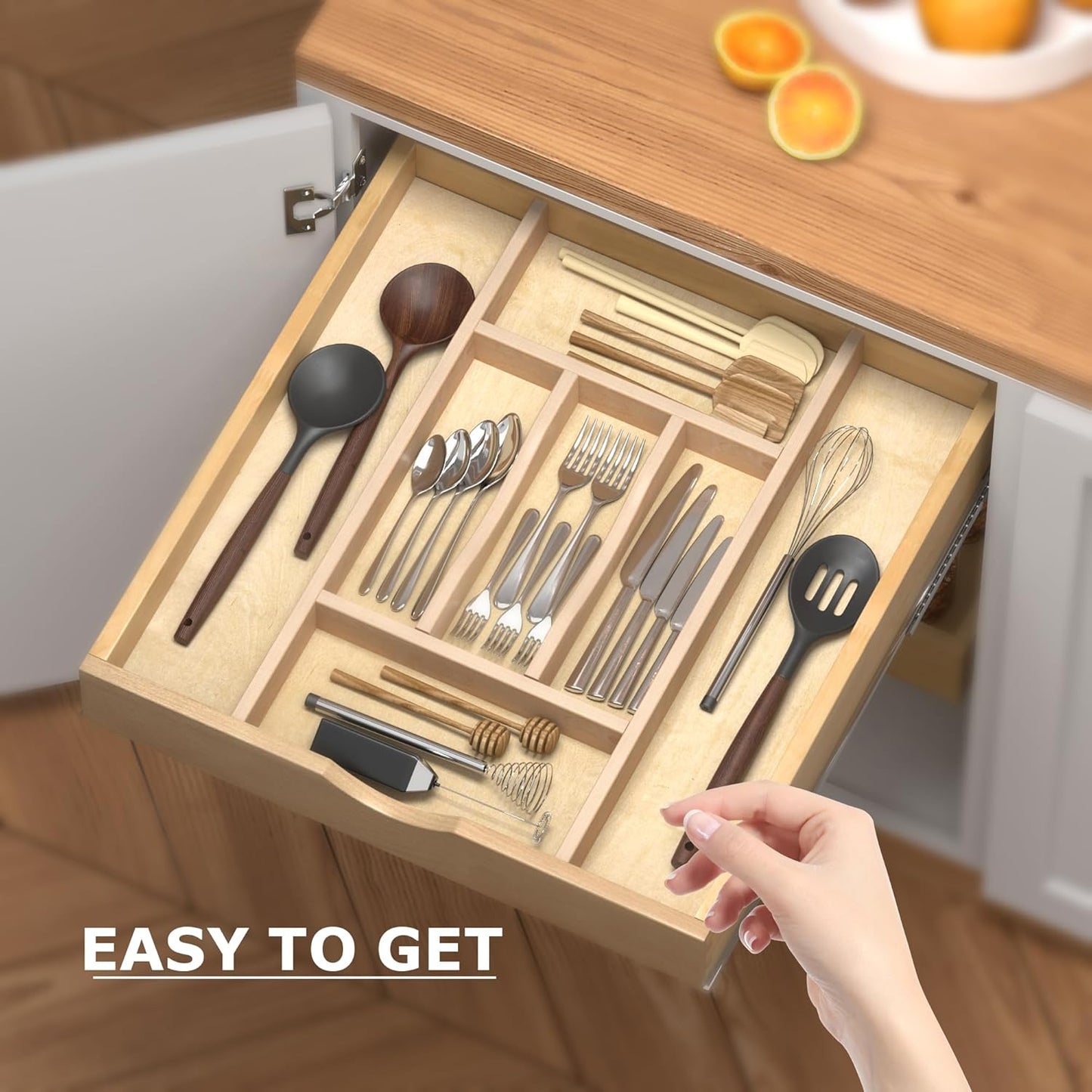 WelFurGeer Premium Wooden Silverware Organizer for Kitchen Drawers, Utensil Tray for Kitchen