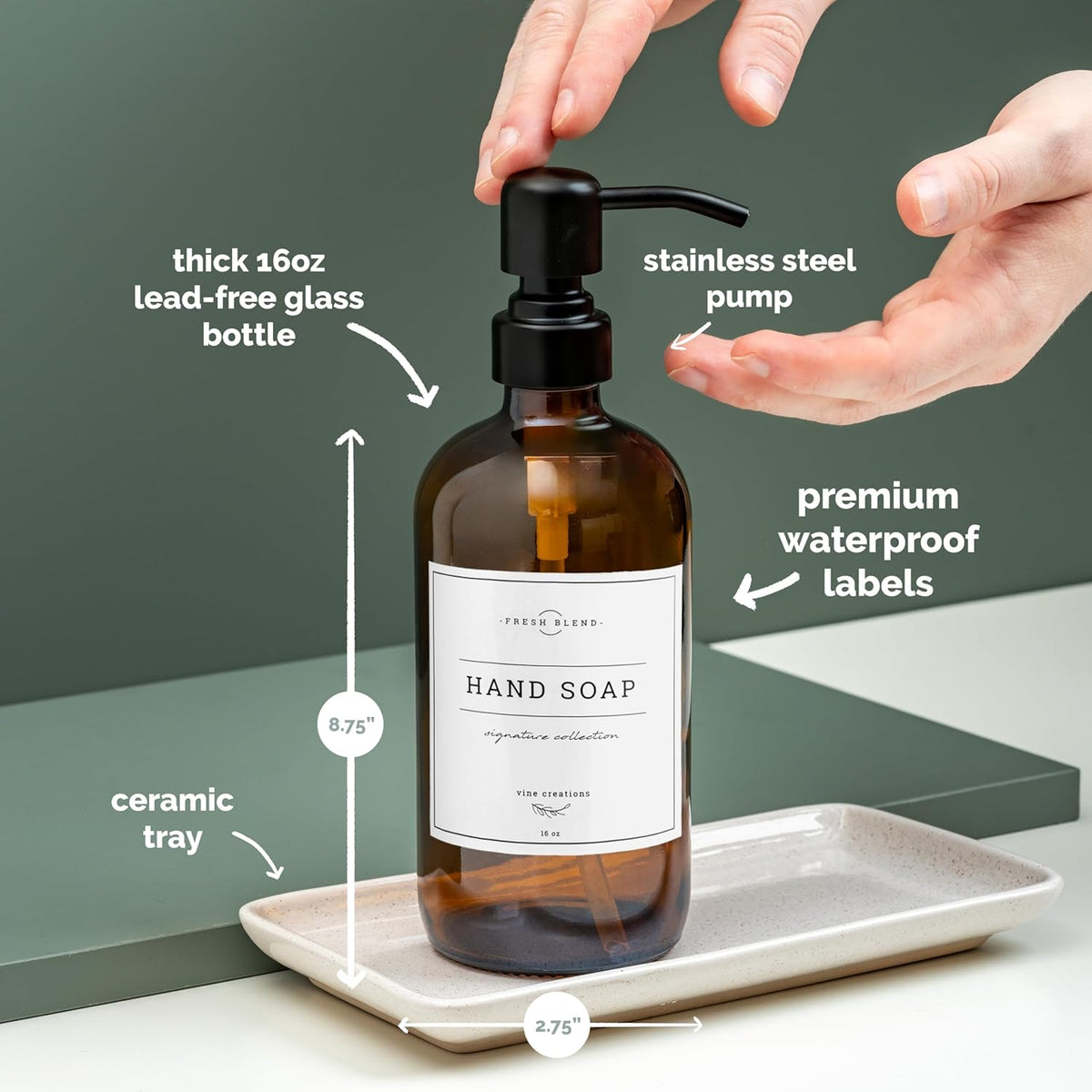 Vine Creations Amber Glass Soap Dispenser, 2 Pack Kitchen Soap Dispenser Set with Ceramic Tray