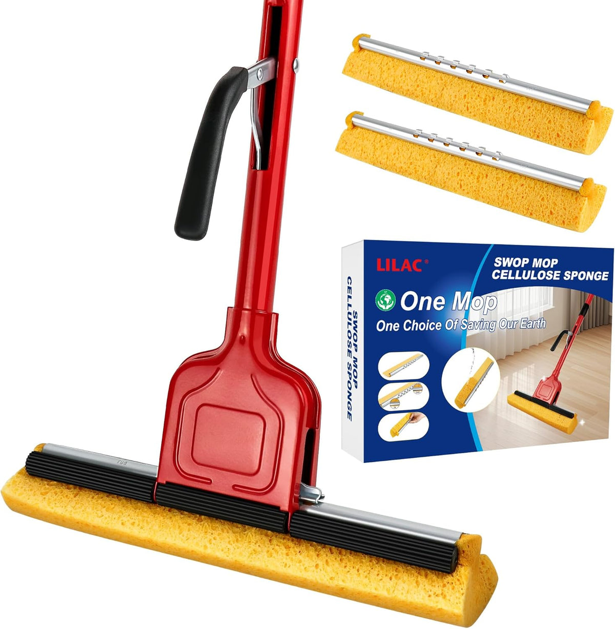 Compressed Cellulose Sponge Mop with 2 Roller swop mop Heads Suitable for Wood, Ceramic Tiles and