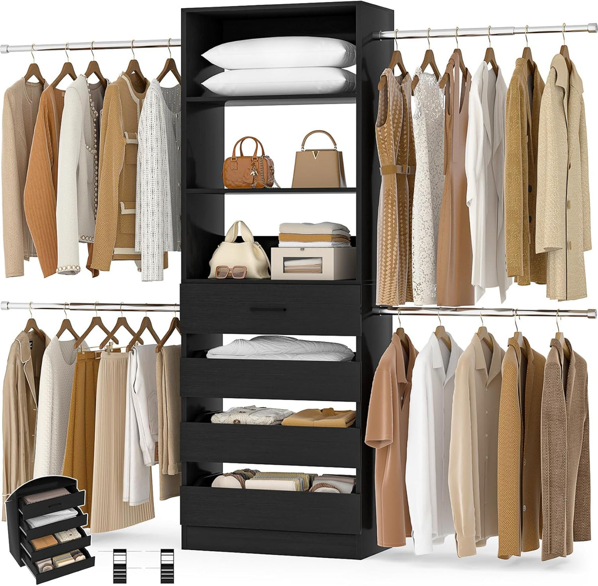 Aheaplus Closet System, 4-9Ft Closet Organizer with 4 Wooden Drawers, Wood Closet Organizer System