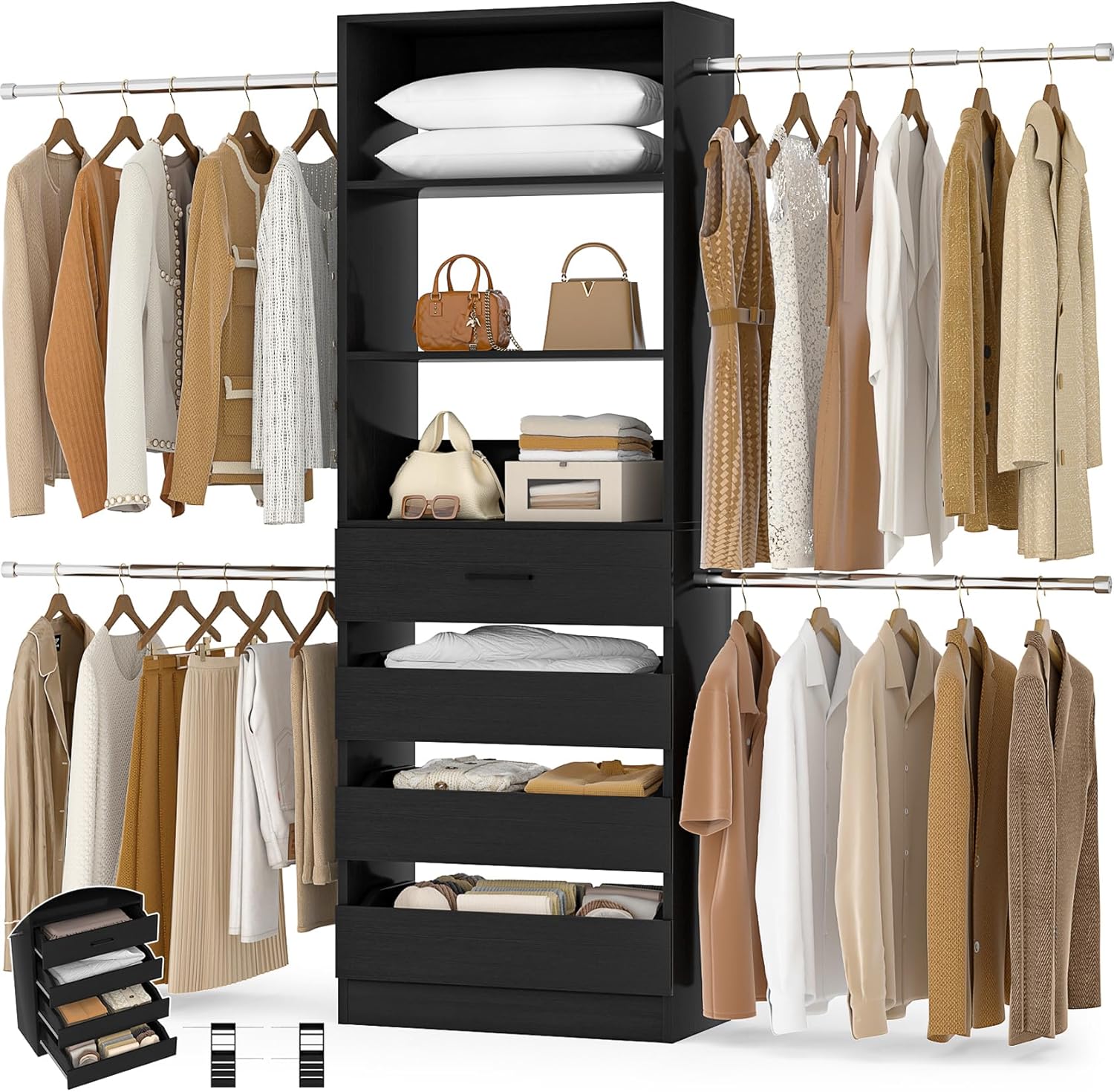 Aheaplus Closet System, 4-9Ft Closet Organizer with 4 Wooden Drawers, Wood Closet Organizer System