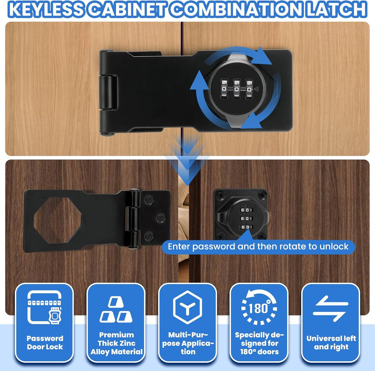 Keyless Cabinet Lock with Combination Code - 3-Digit Password Hasp Latch Lock for Drawers, Bifold