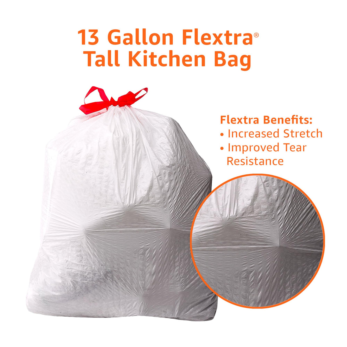 Amazon Basics 13 Gallon Tall Kitchen Drawstring Trash Bags, Flextra Strength, Tear Resistant, 10%