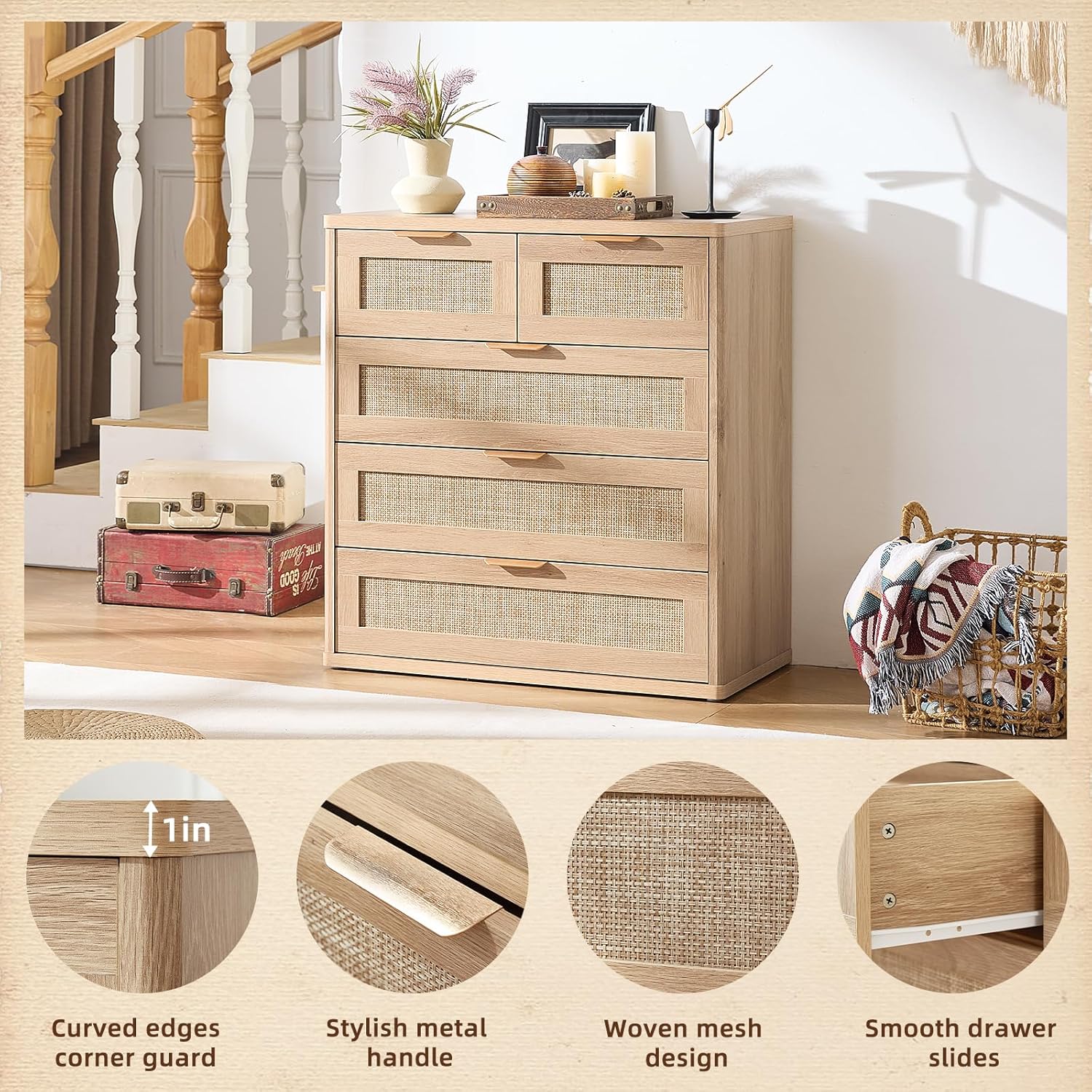 LEYAOYAO Rattan Dresser for Bedroom Set of 2, 33.5" Tall Chest of Drawers, Modern 5 Drawers Boho