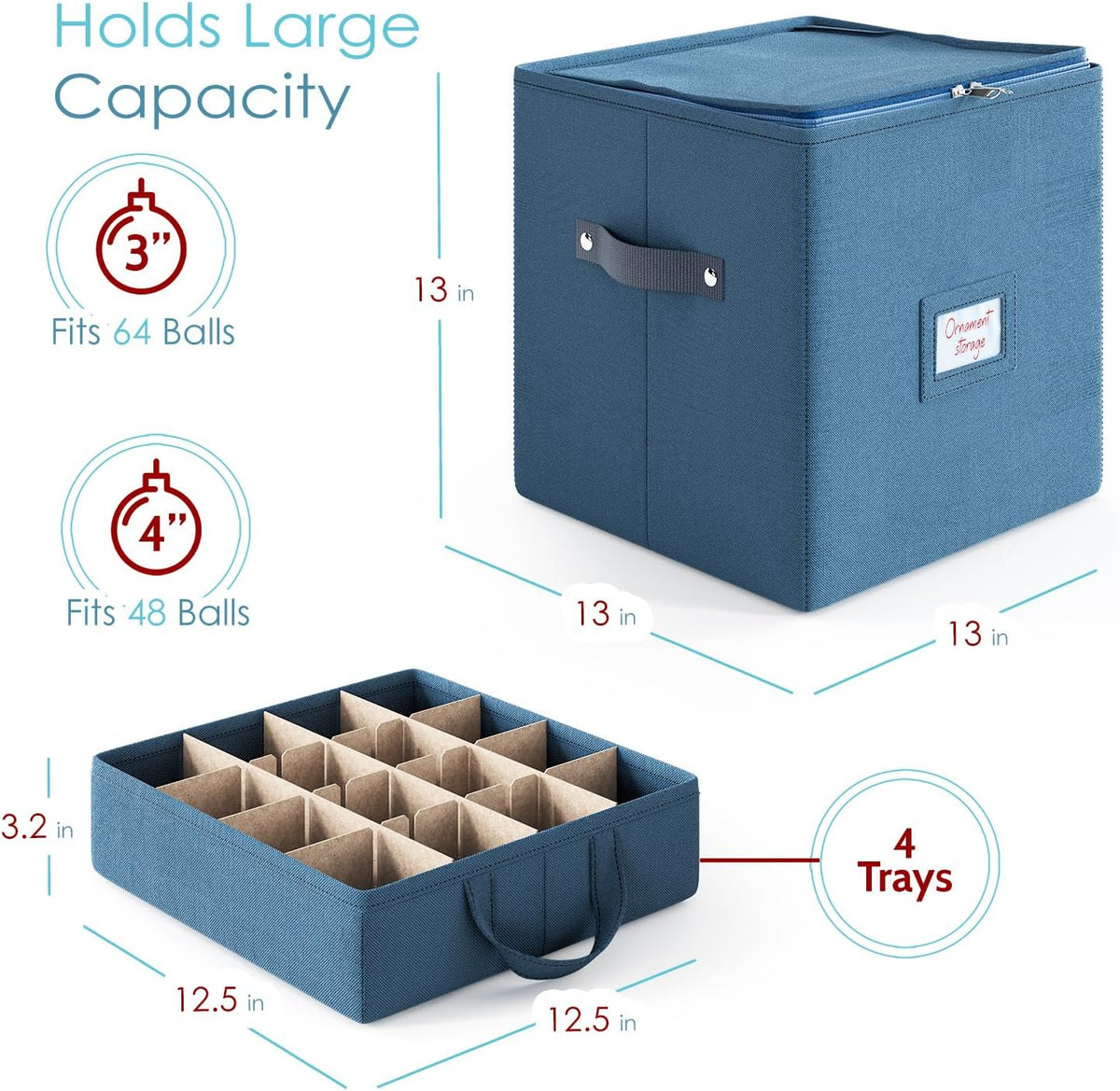 Hearth & Harbor Christmas Ornament Storage Box With 4 Inner Tray Dividers - Non-Woven Ornament
