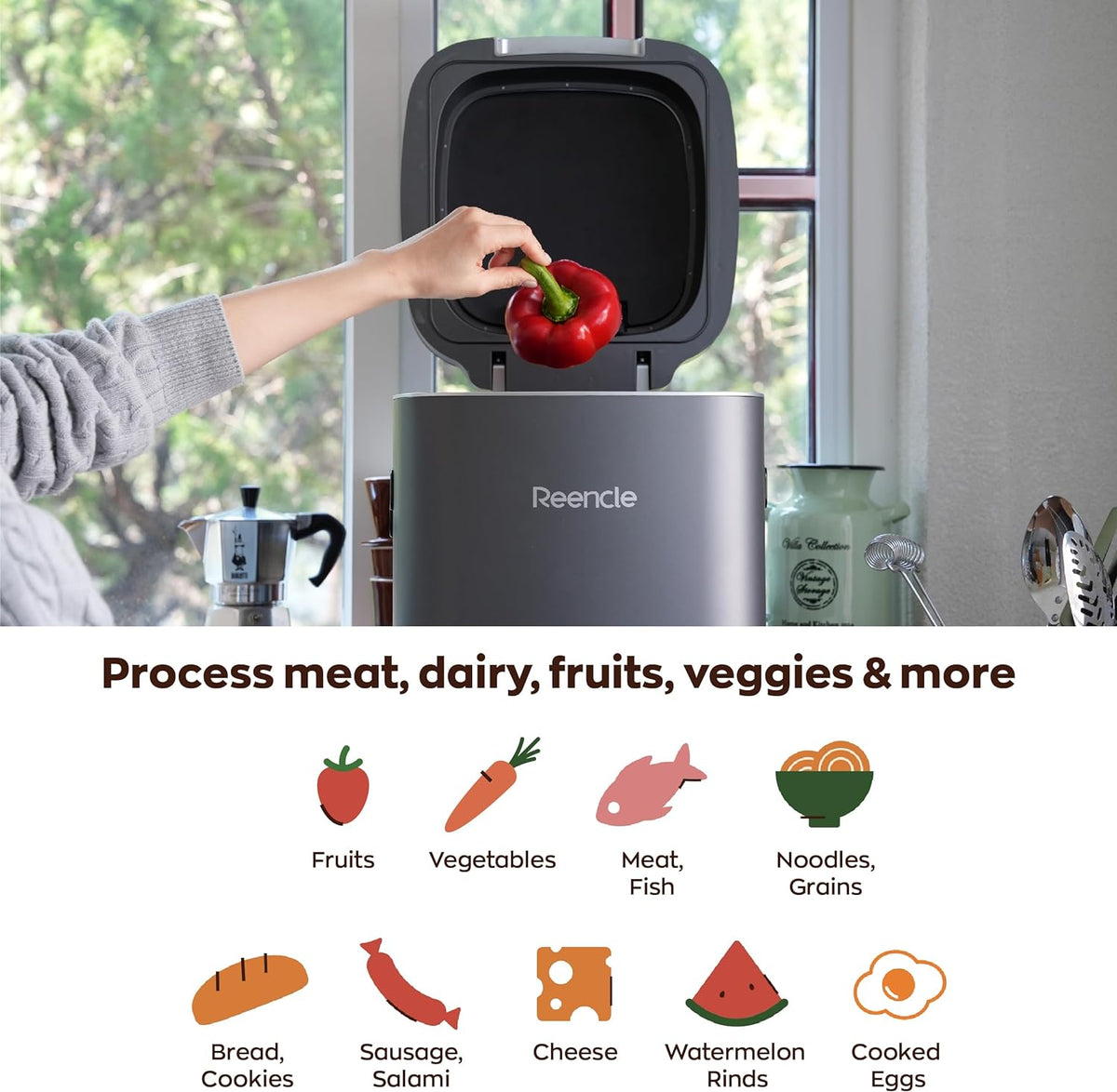 Reencle Prime Electric Composter - 14L Kitchen Composter, Decomposes Up to 2.2 lbs Food Waste
