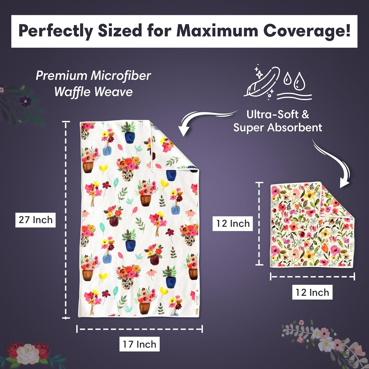 Microfiber Hand Towel & Washcloth Set of 2 - Double-Sided, Waffle Weave, Super Absorbent