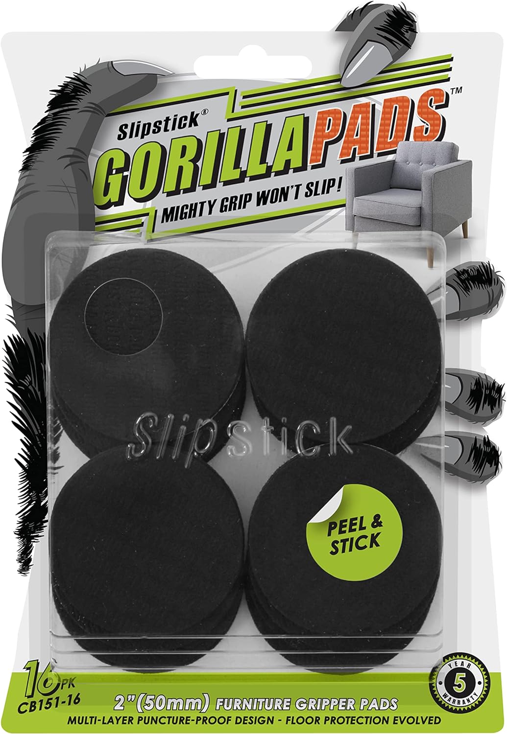 Slipstick GorillaPads Non Slip Furniture Pads/Gripper Feet Floor Protectors (Set of 16) Premium 2