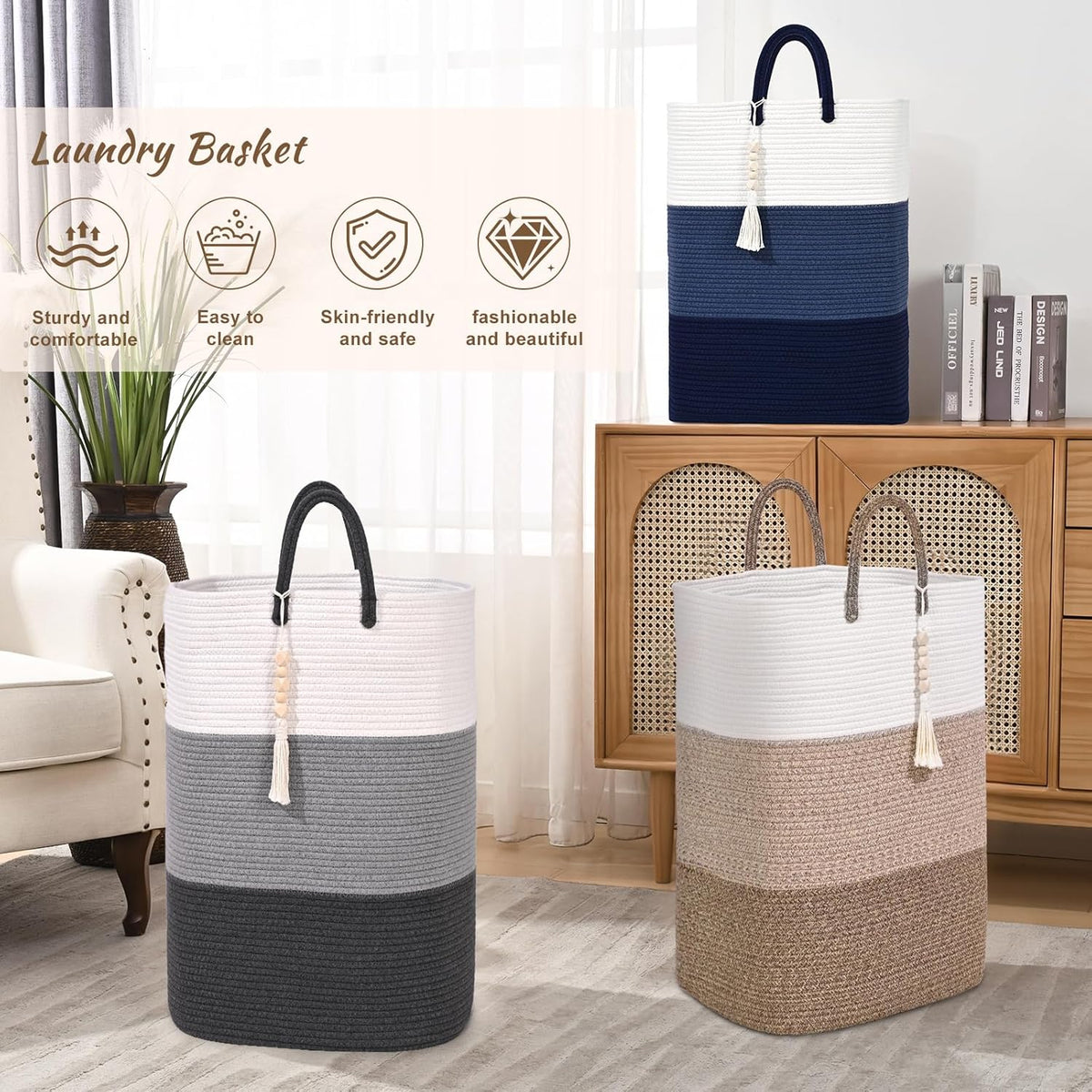 Woven Laundry Basket for Clothes,100 L Large Rectangle Laundry Hampers with Beads Tassel, Nursery