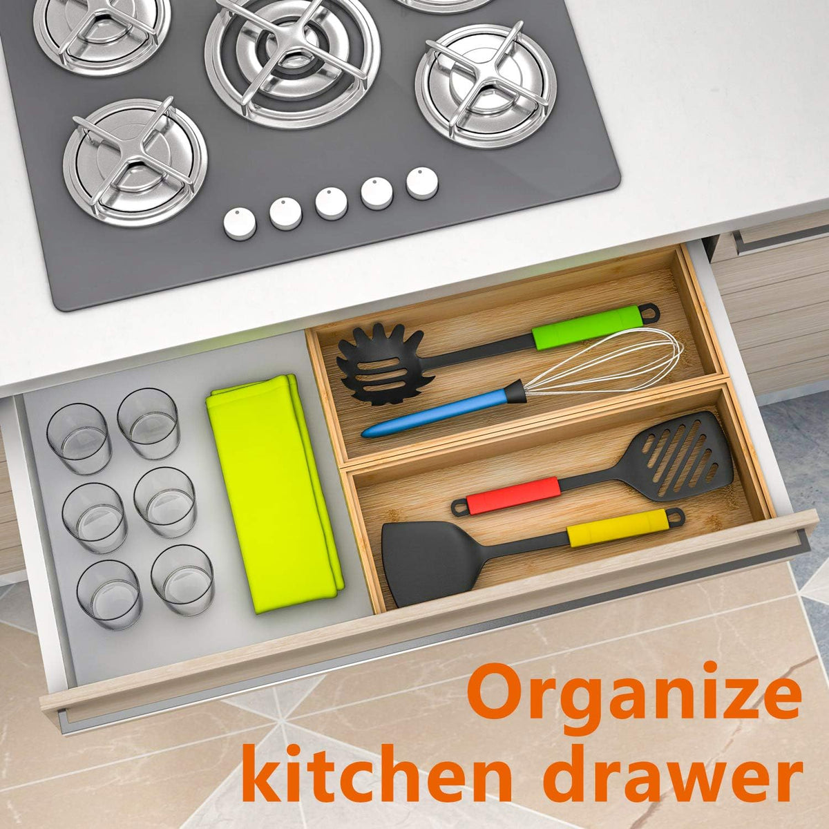Drawer Organizer Storage Box Kitchen - Wood Stackable Tray Utensil Organizer for Office