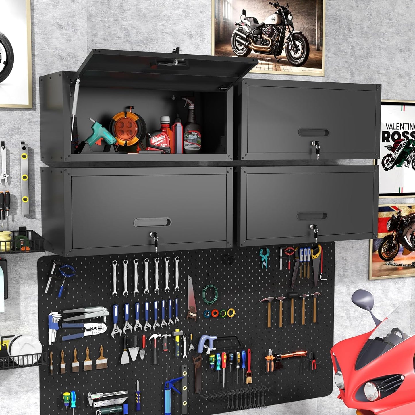 Garage Wall Cabinet with Flip-Up Door, Lockable Metal Storage Cabinet Wall Mounted, Hanging Tool
