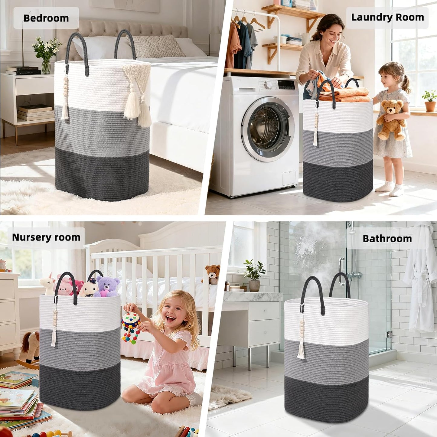 Woven Laundry Basket for Clothes,65 L Large Rectangle Laundry Hampers with Beads Tassel, Nursery