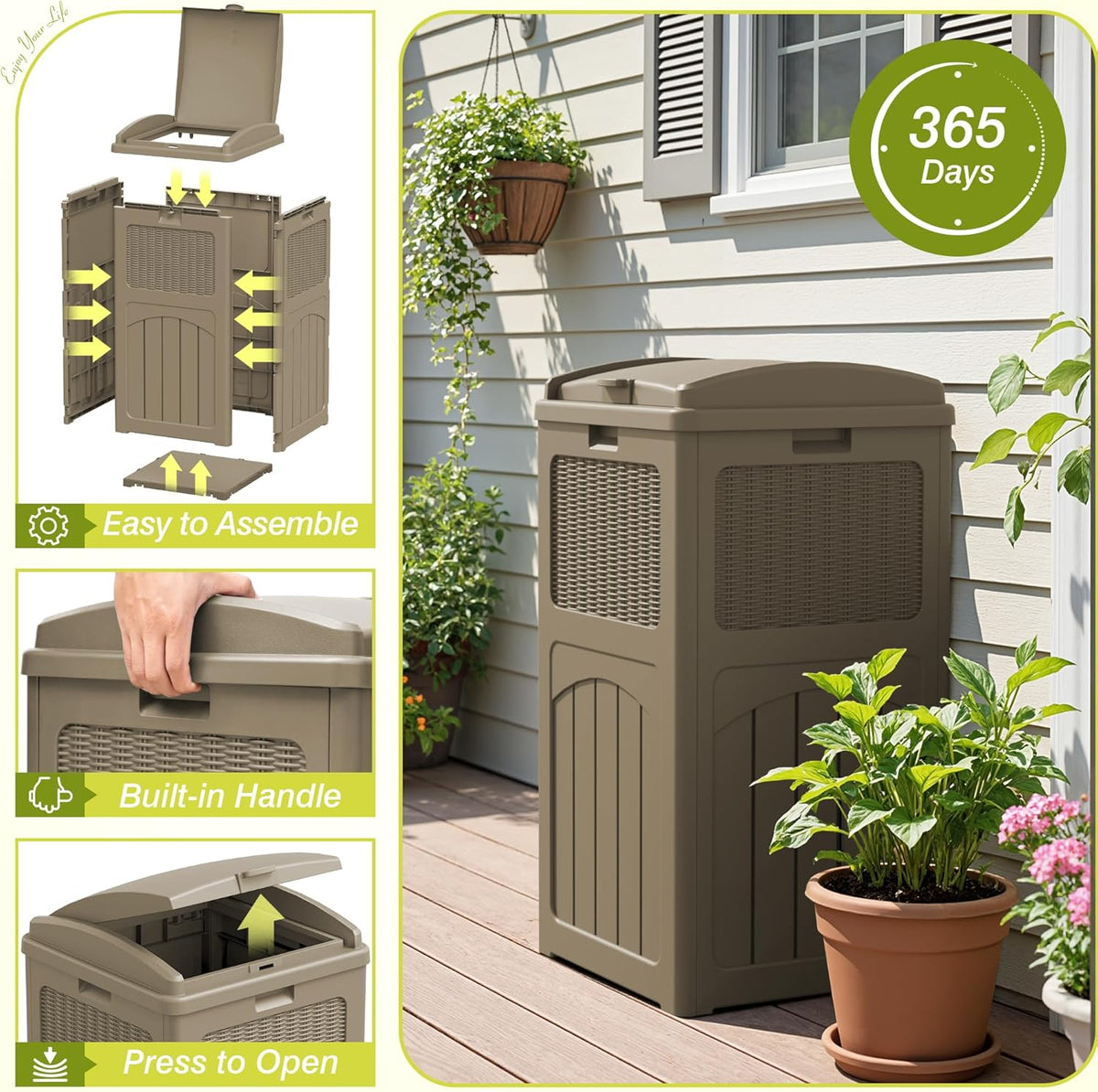Greesum 33 Gallon Resin Outdoor Trash Can with Lid, Waterproof Resin Garbage Bin for Hideaway