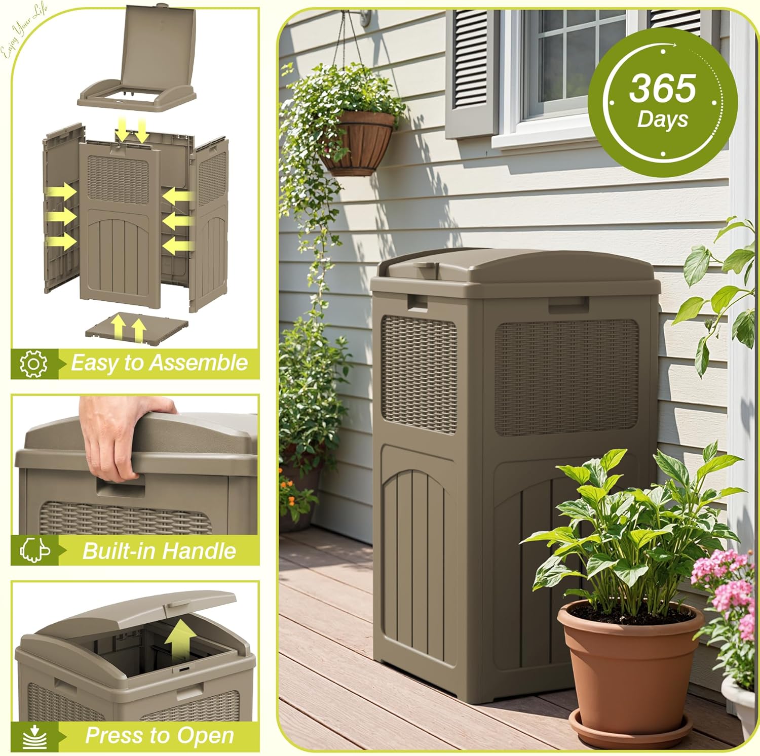 Greesum 33 Gallon Resin Outdoor Trash Can with Lid, Waterproof Resin Garbage Bin for Hideaway