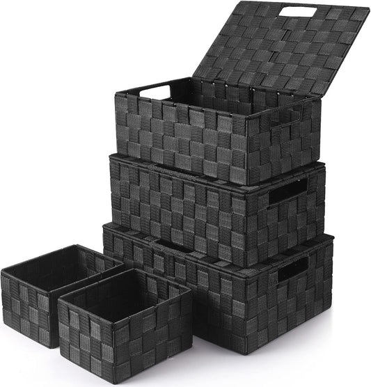Storage Bins Baskets for Organizing with Lids, Storage Baskets for Shelves Stackable Woven Basket