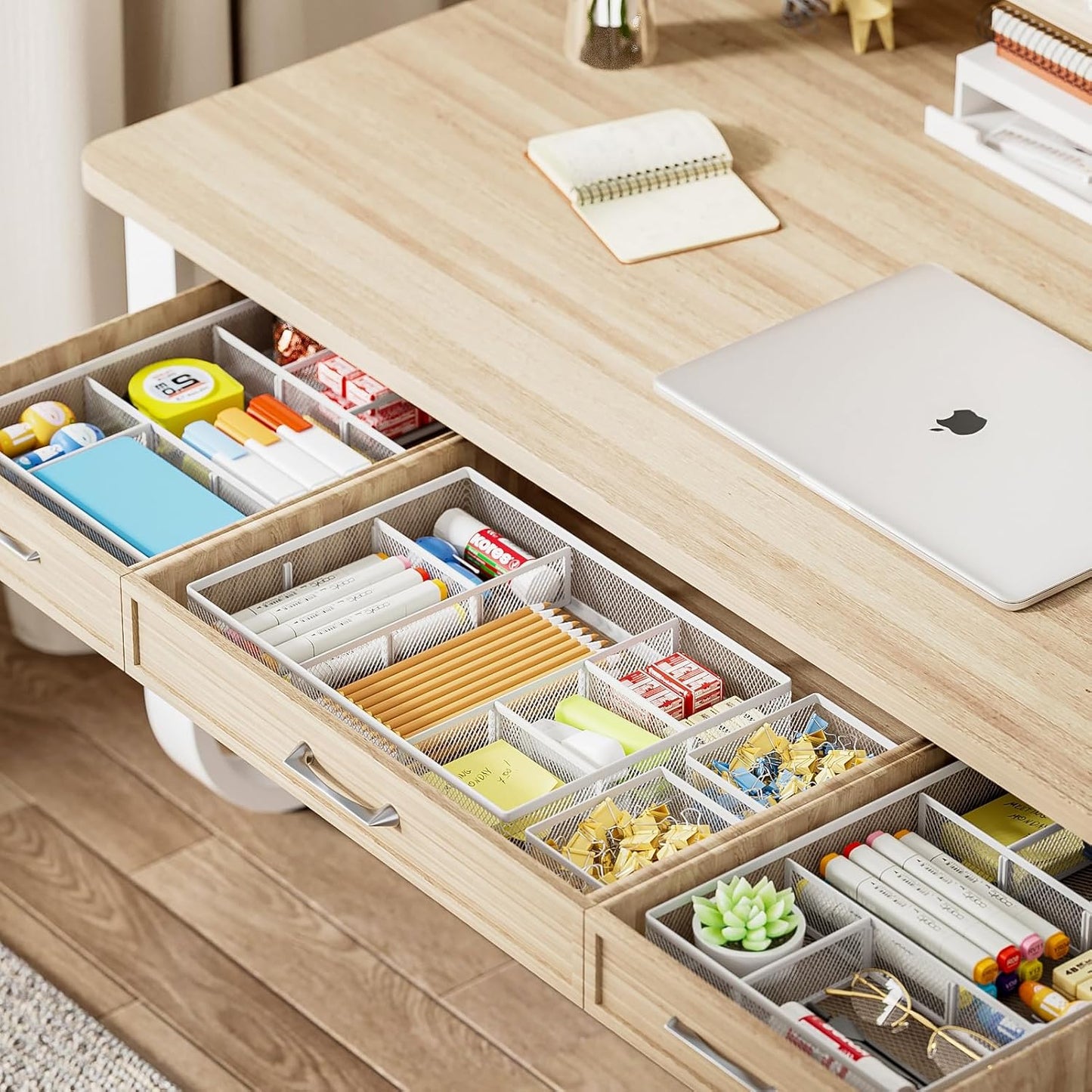 Marbrasse 3 Packs White Desk Drawer Organizers,Drawer Organizer Tray with 9 Adjustable