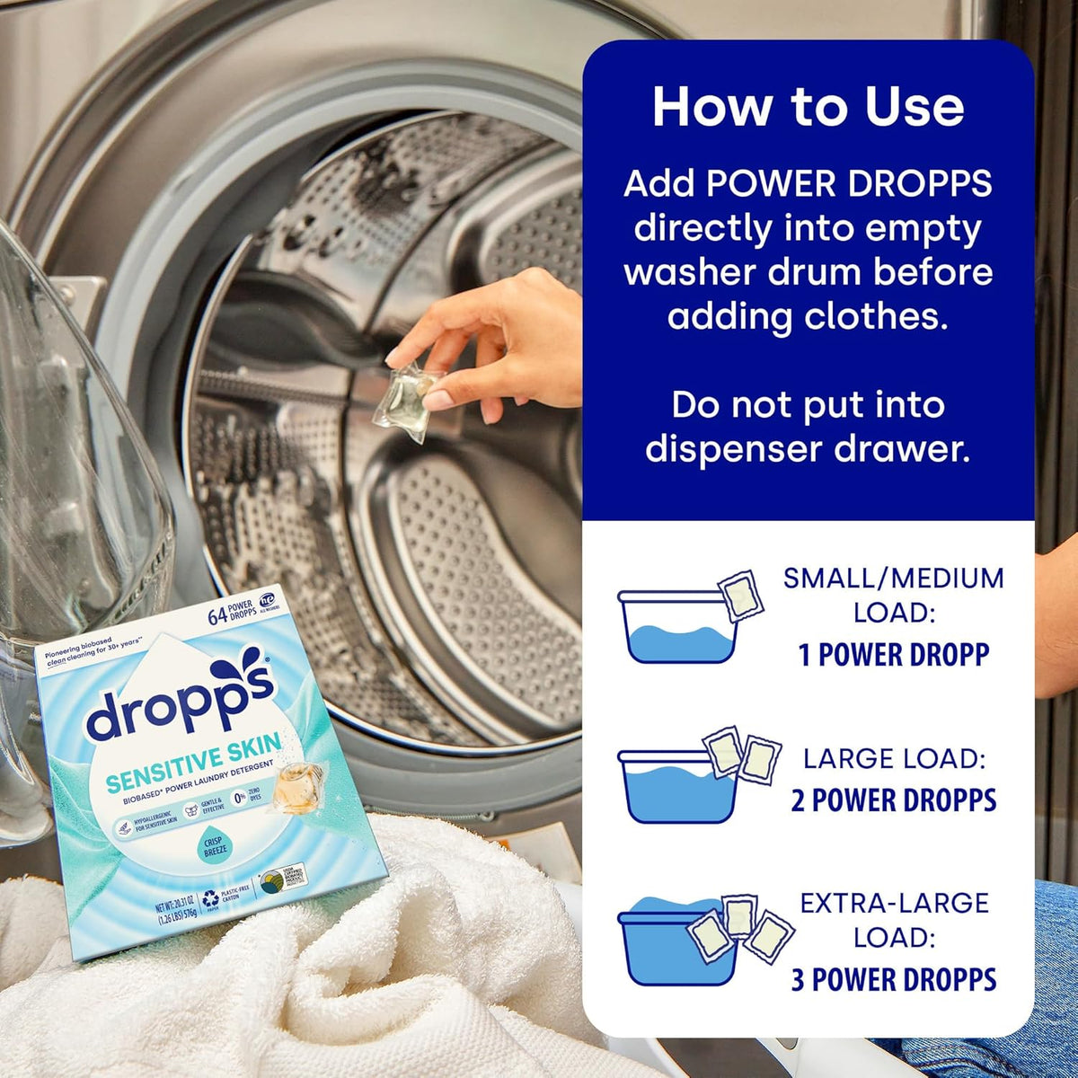 Dropps Sensitive Skin Laundry Detergent Pods, Crisp Breeze (64 Count) - Dermatologist Tested