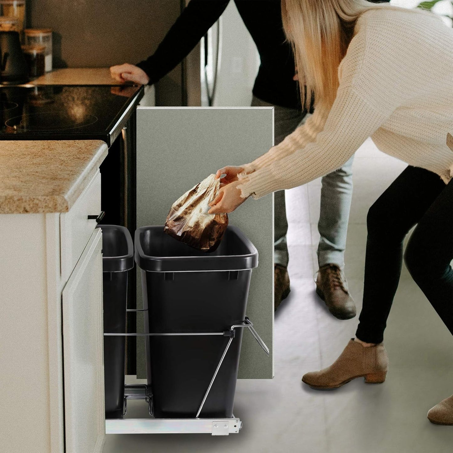 SUPER DEAL Double 35-Quart Pull Out Trash Can Under Cabinets Under Sink Garbage Sliding Waste Bin