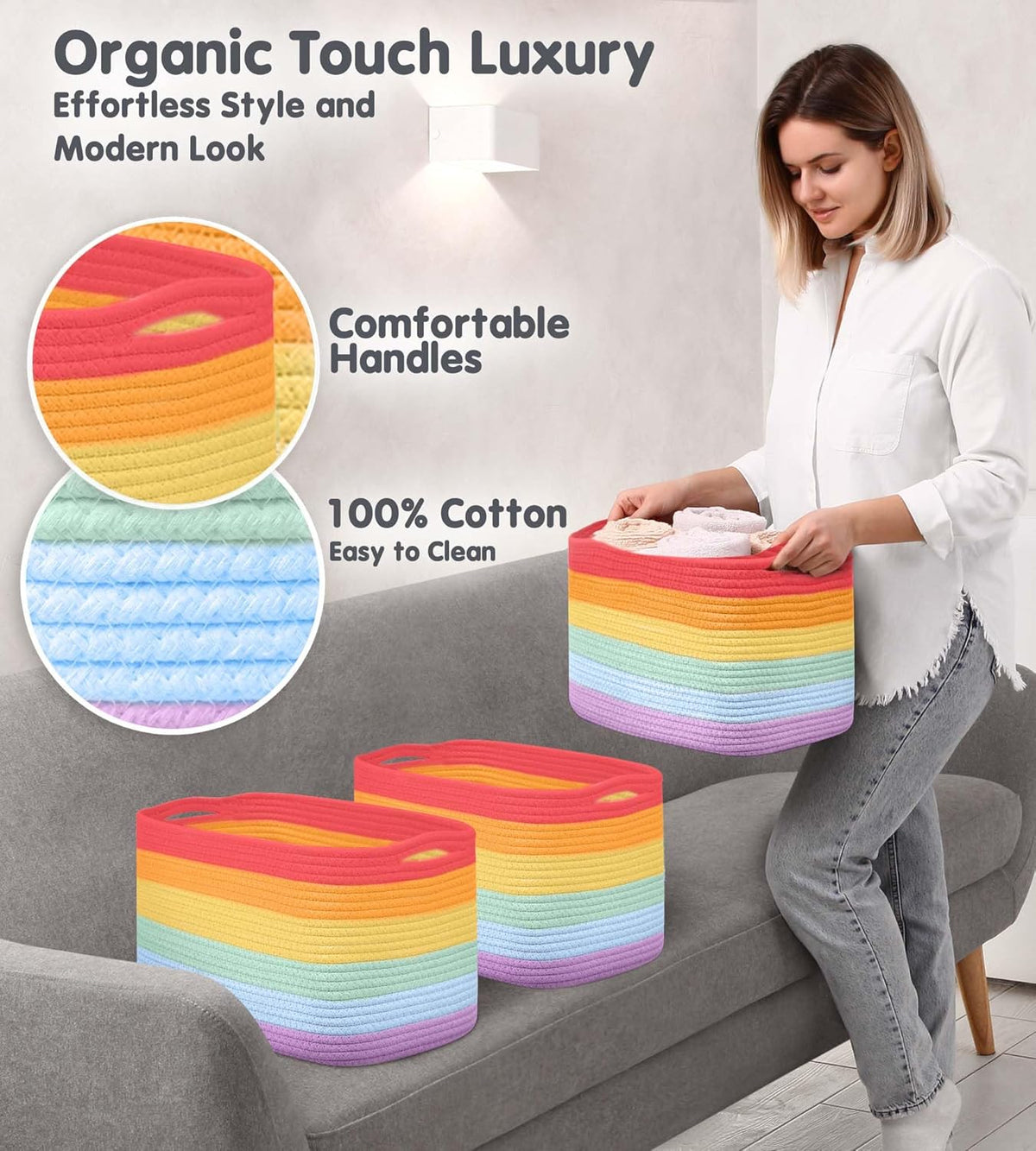 CHAT BLANC Rainbow Cotton Rope Baskets for Organizing | Storage Baskets for Shelves | Rainbow Rope