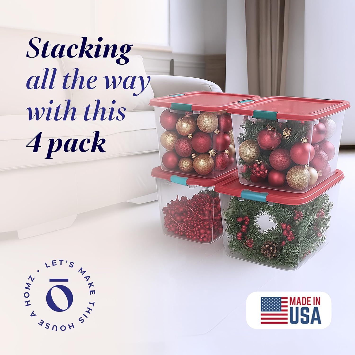 HOMZ 4-Pack Holiday Tote, Plastic Storage Organizer Bins with Lids, 31 Quart, Clear/Red - Stackable