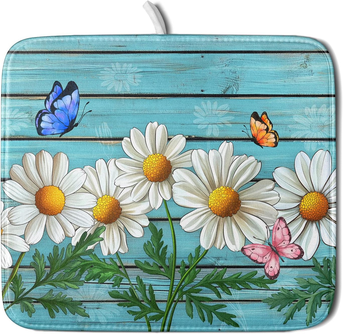 Spring Daisy Floral Dish Drying Mat for Kitchen Counter 16x18in Turquoise Daisy Old Wooden Board