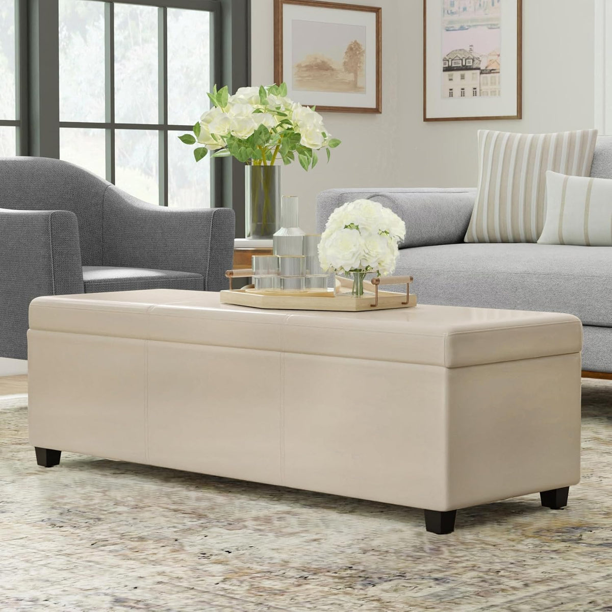SIMPLIHOME Avalon 54 inch Wide Contemporary Rectangle Extra Large Storage Ottoman Bench in Satin