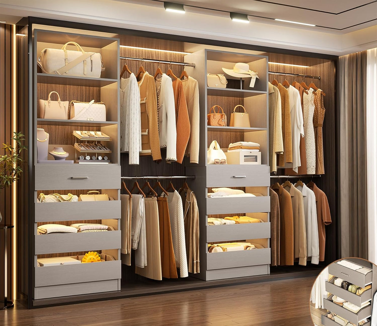 Aheaplus Closet System, 6-15Ft Closet Organizer with 8 Wooden Drawers, Wood Closet Organizer System