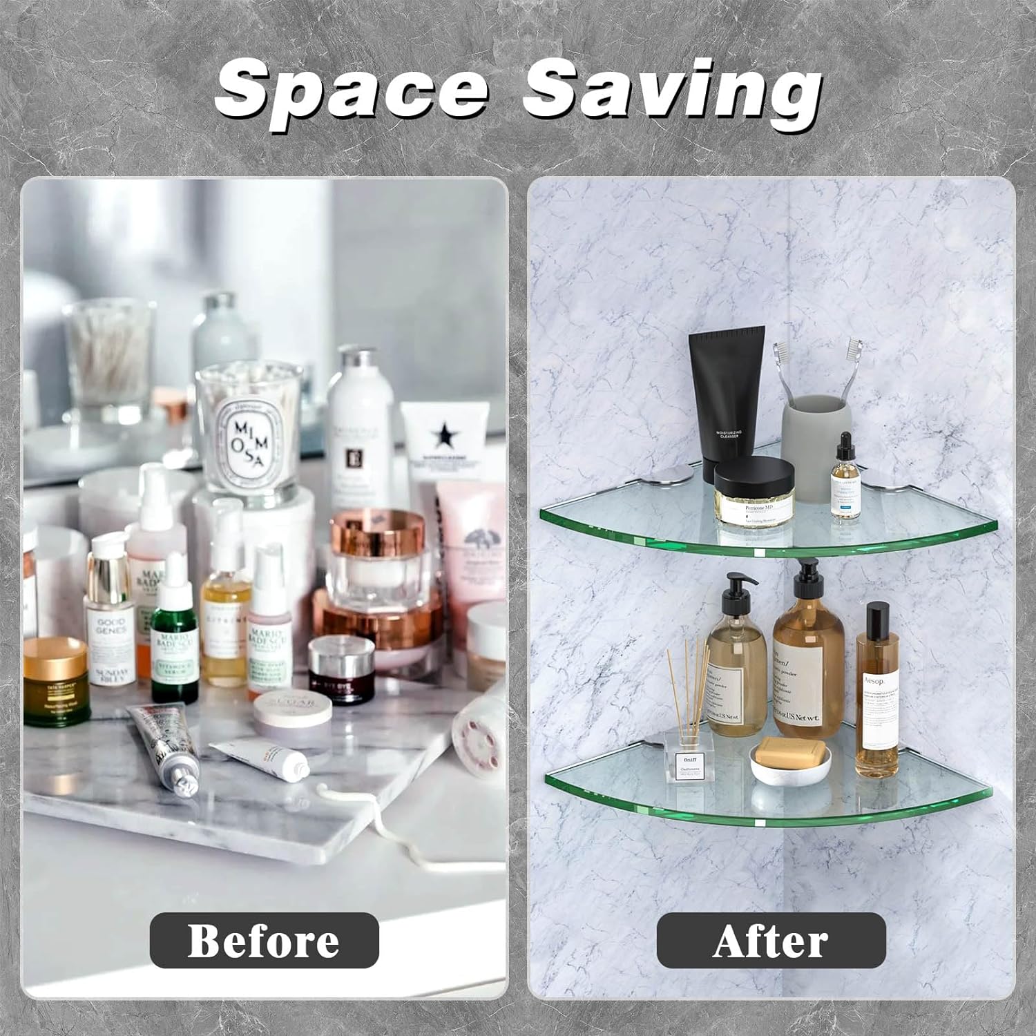 Corner Glass Shower Caddy 2 Pack 8MM-Thick Tempered Glass Shelf No Drilling Wall Mount Corner