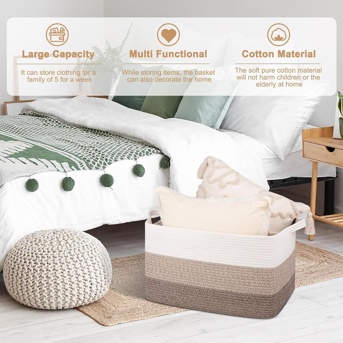 OIAHOMY Rectangle Woven Storage Basket - Nursery Cotton Rope Baskets for Storage, Toy Basket