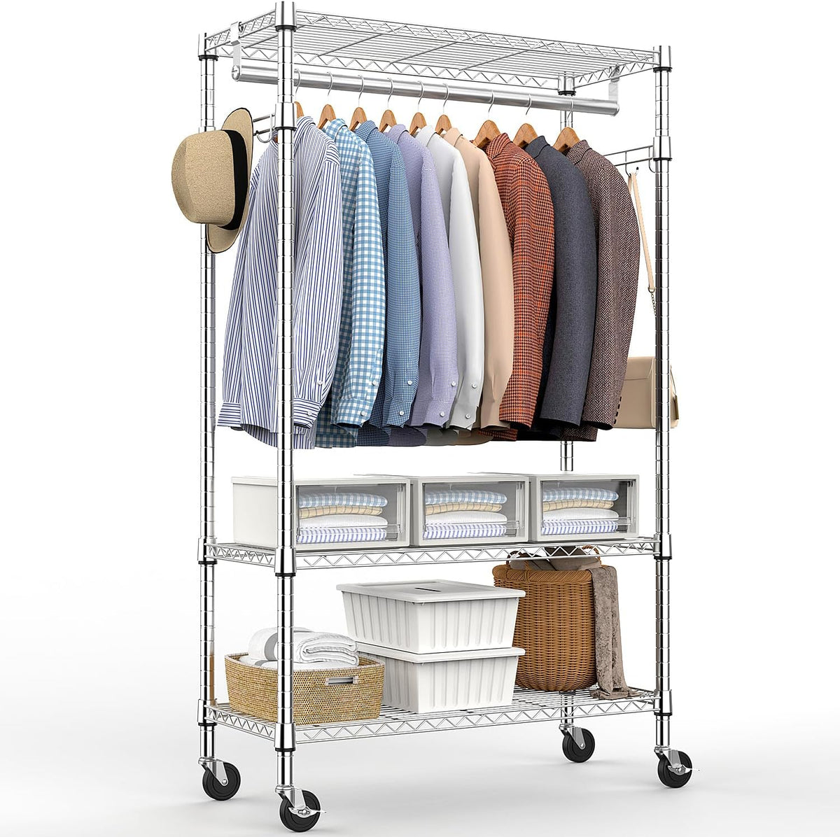Heavy Duty Rolling Garment Rack 3 Tiers Adjustable Wire Shelving Clothes Rack with Rods and Side