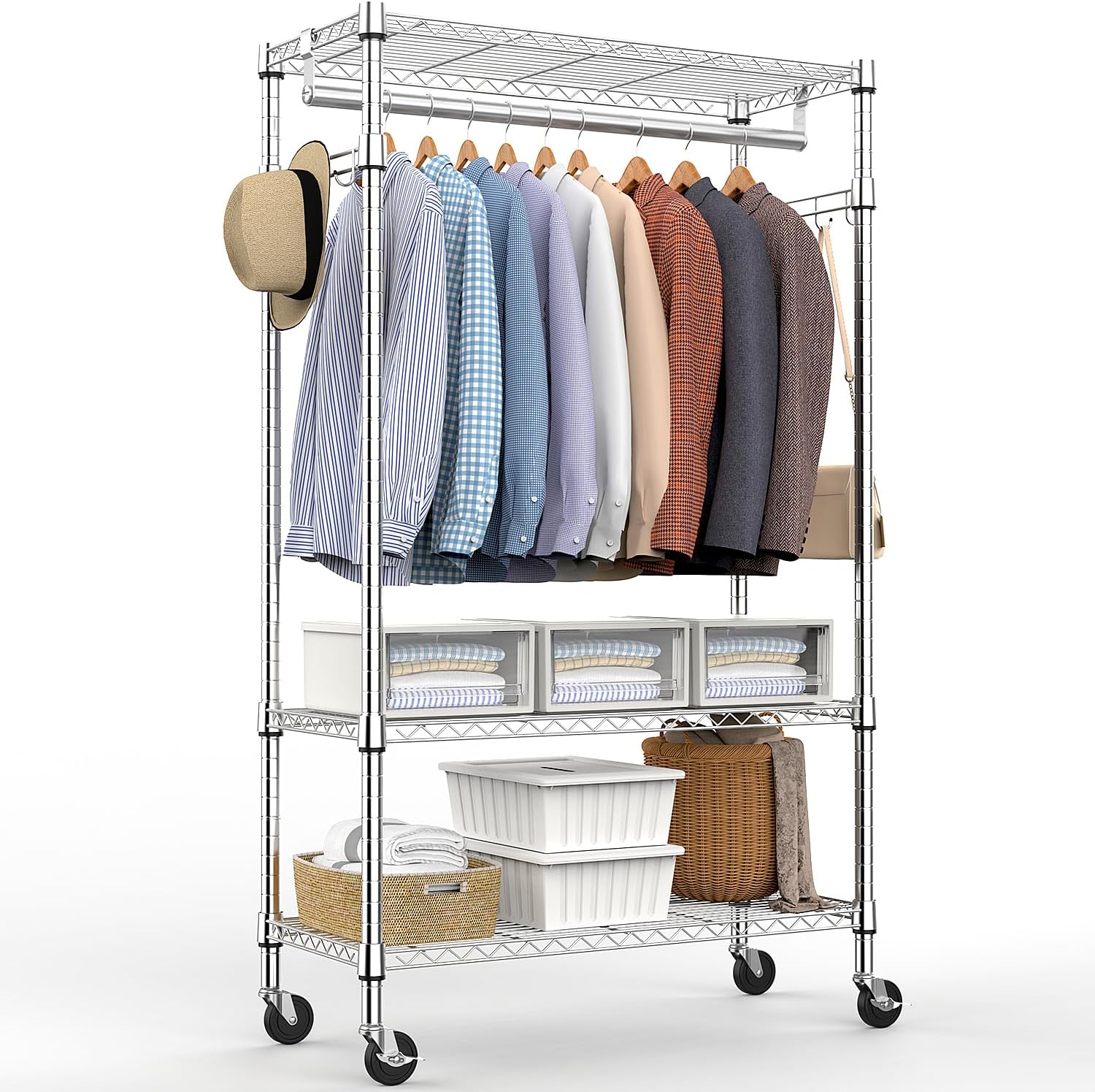 Heavy Duty Rolling Garment Rack 3 Tiers Adjustable Wire Shelving Clothes Rack with Rods and Side
