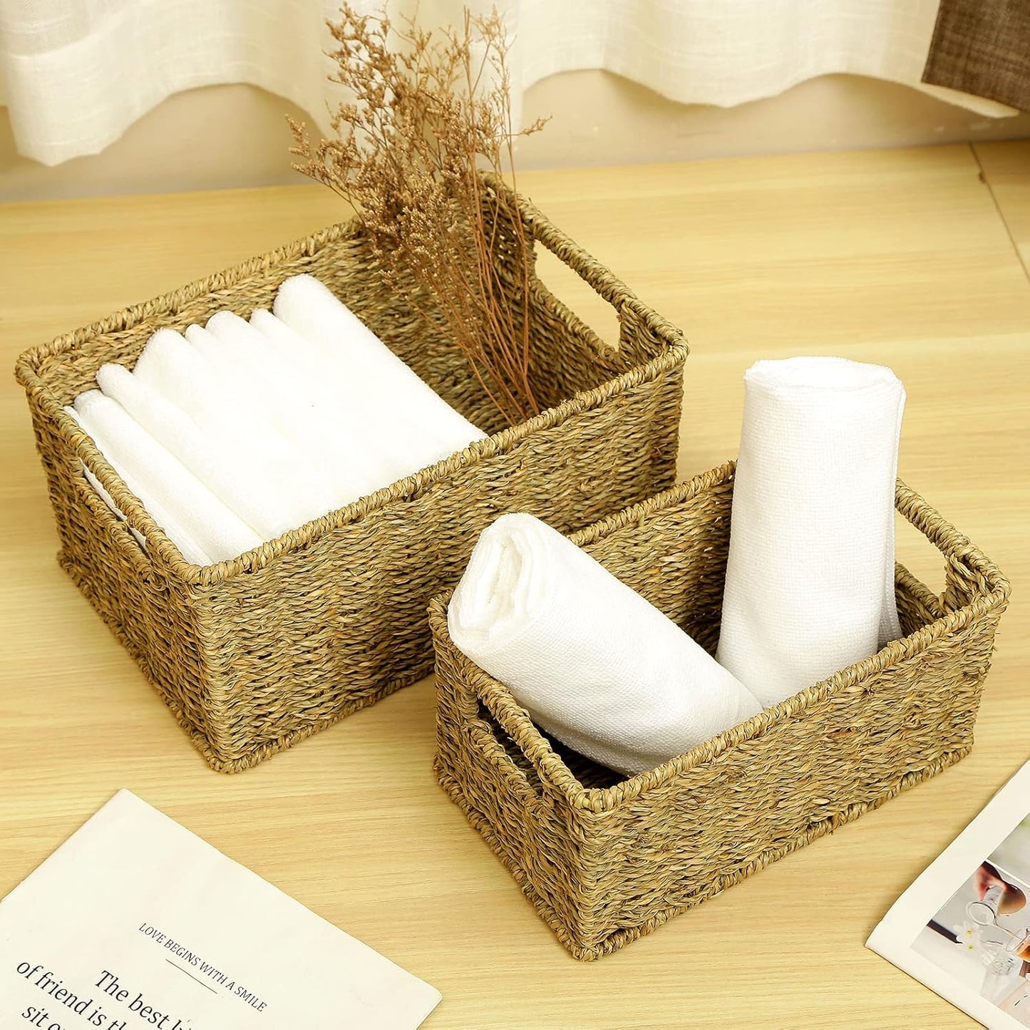 HOONEX Wicker Baskets for Storage, Seagrass Baskets with Dual Handles, Woven Baskets for Shelves