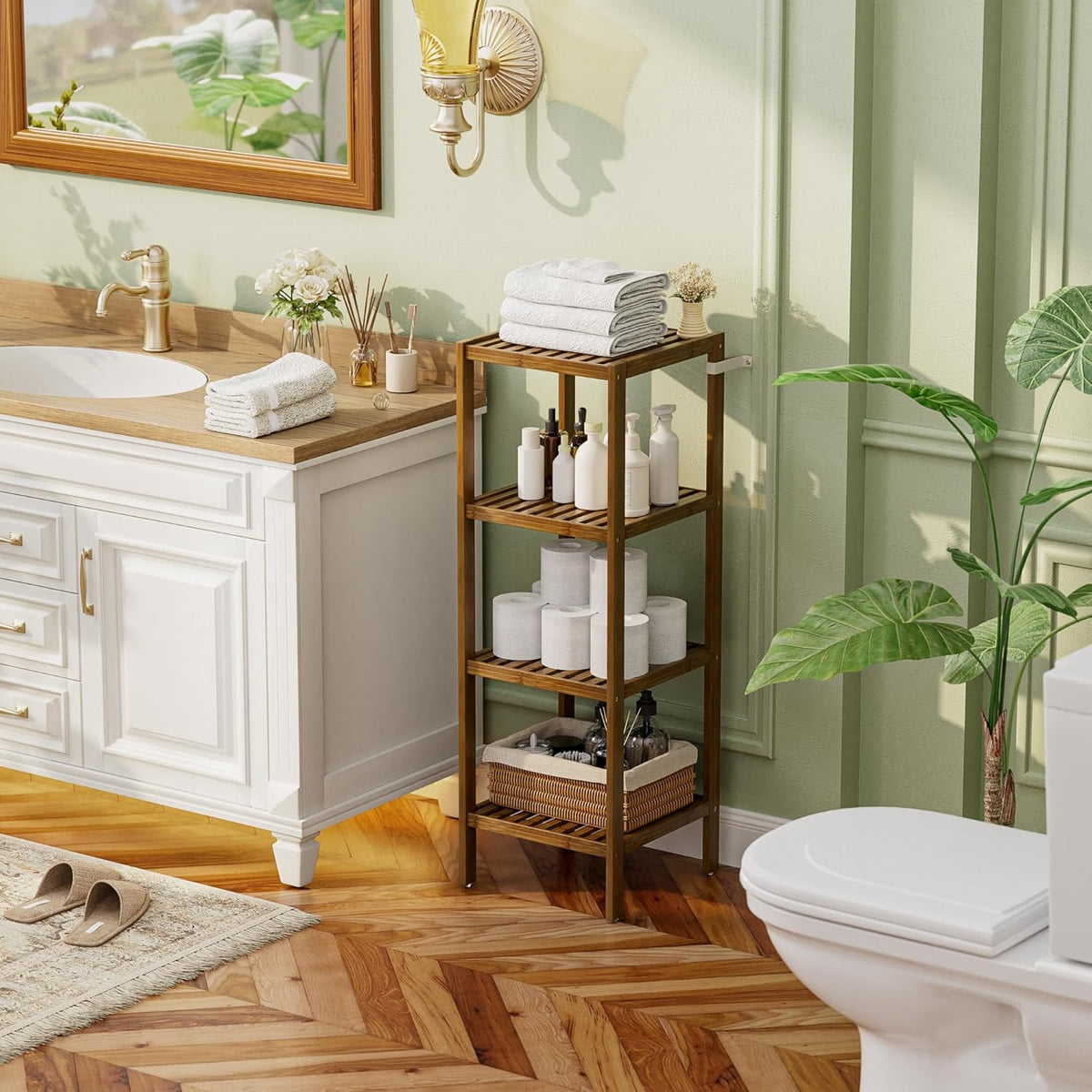 SMIBUY Bathroom Storage Shelf, 4-Tier Bamboo Rack Organizer, Multifunctional Shelving Unit for