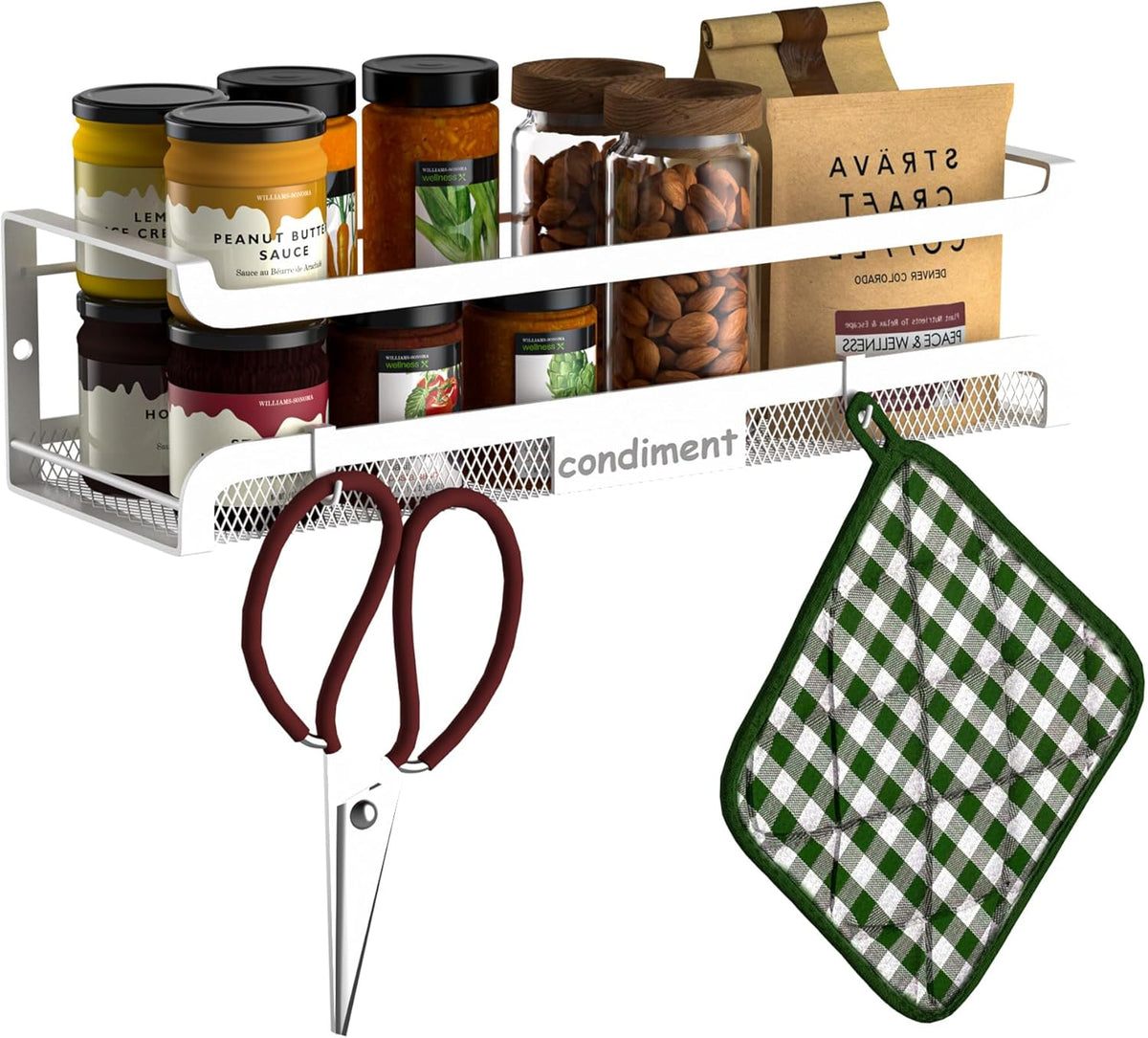 Spice Rack Wall Mount with Hooks - Spice Racks Organizer for Cabinet Storage, Wall Mounted Hanging