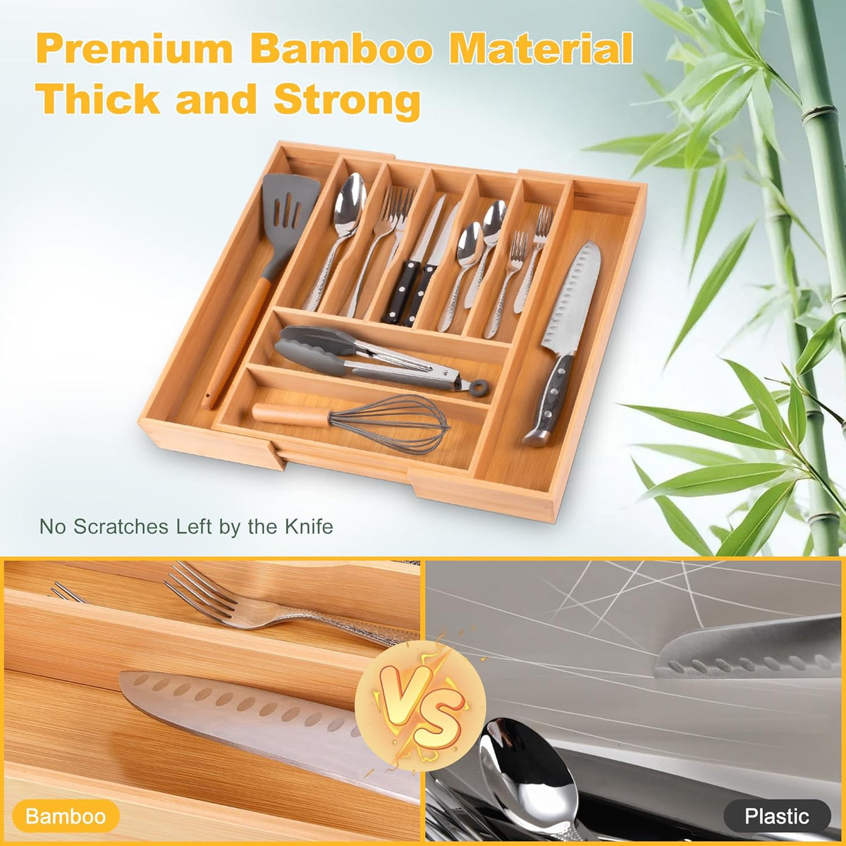 Large Premium Bamboo Silverware Organizer - Expandable Drawer Organizer & Utensil Organizer