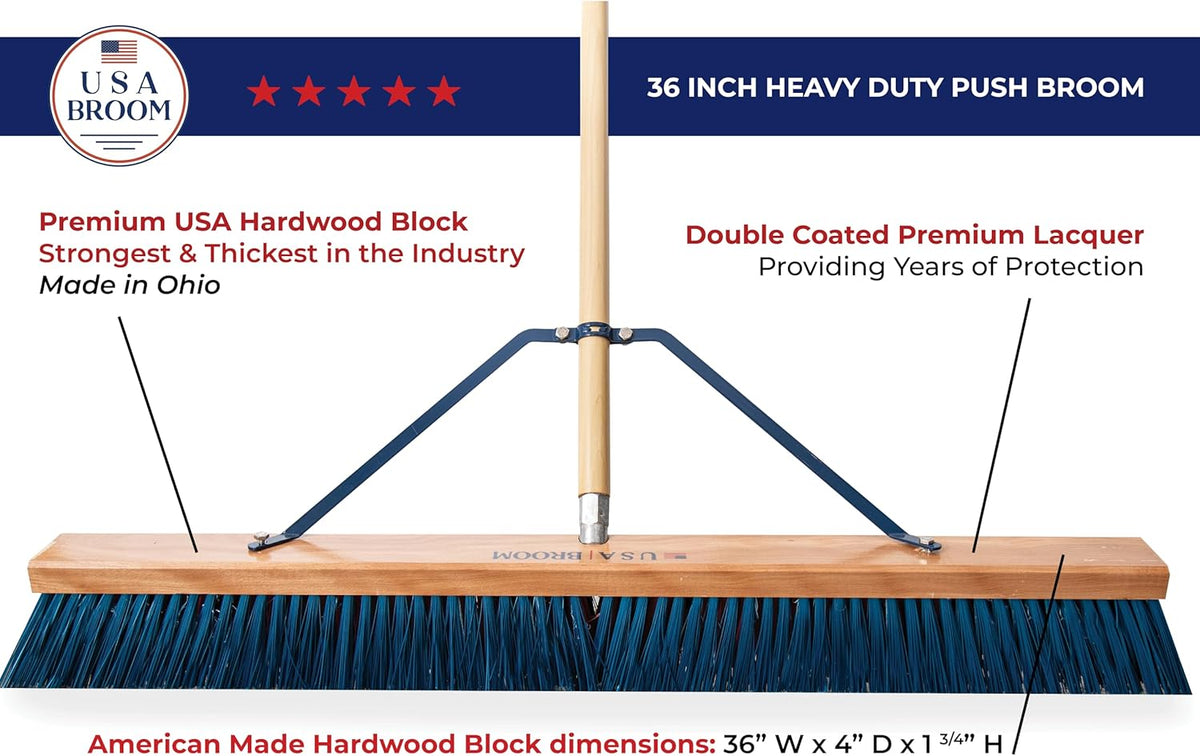 36" Heavy Duty Outdoor Push Broom with 60" Handle. Ideal for Ashpalt, Concrete & Heavy Debris.
