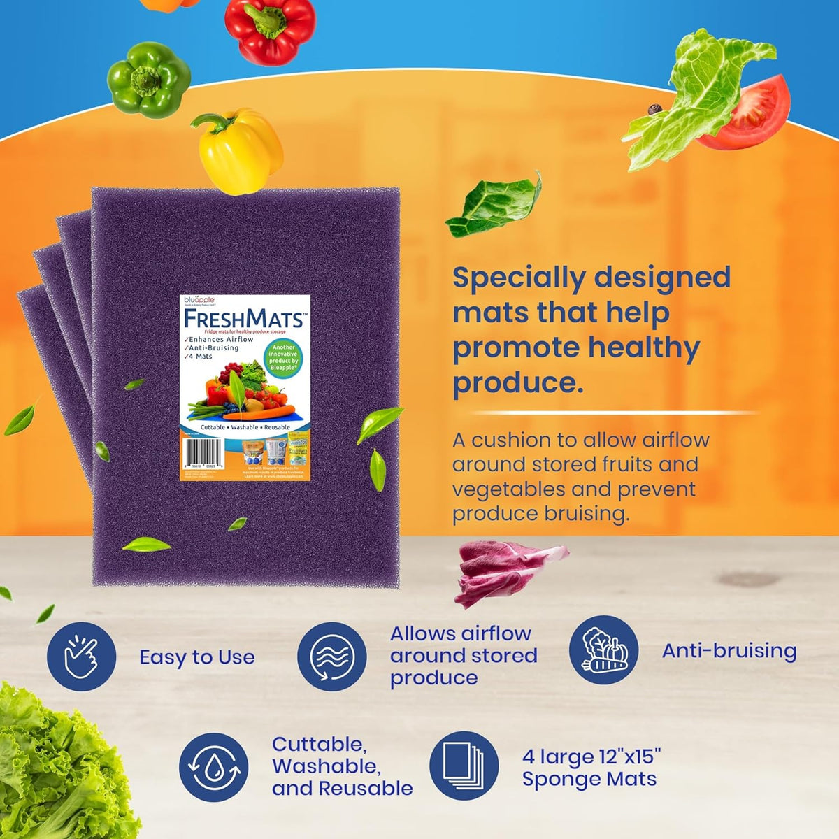 Bluapple FreshMats, Refrigerator Bin Liner, Fridge Drawer Mats, Crisper Life Extender Liner Keeps