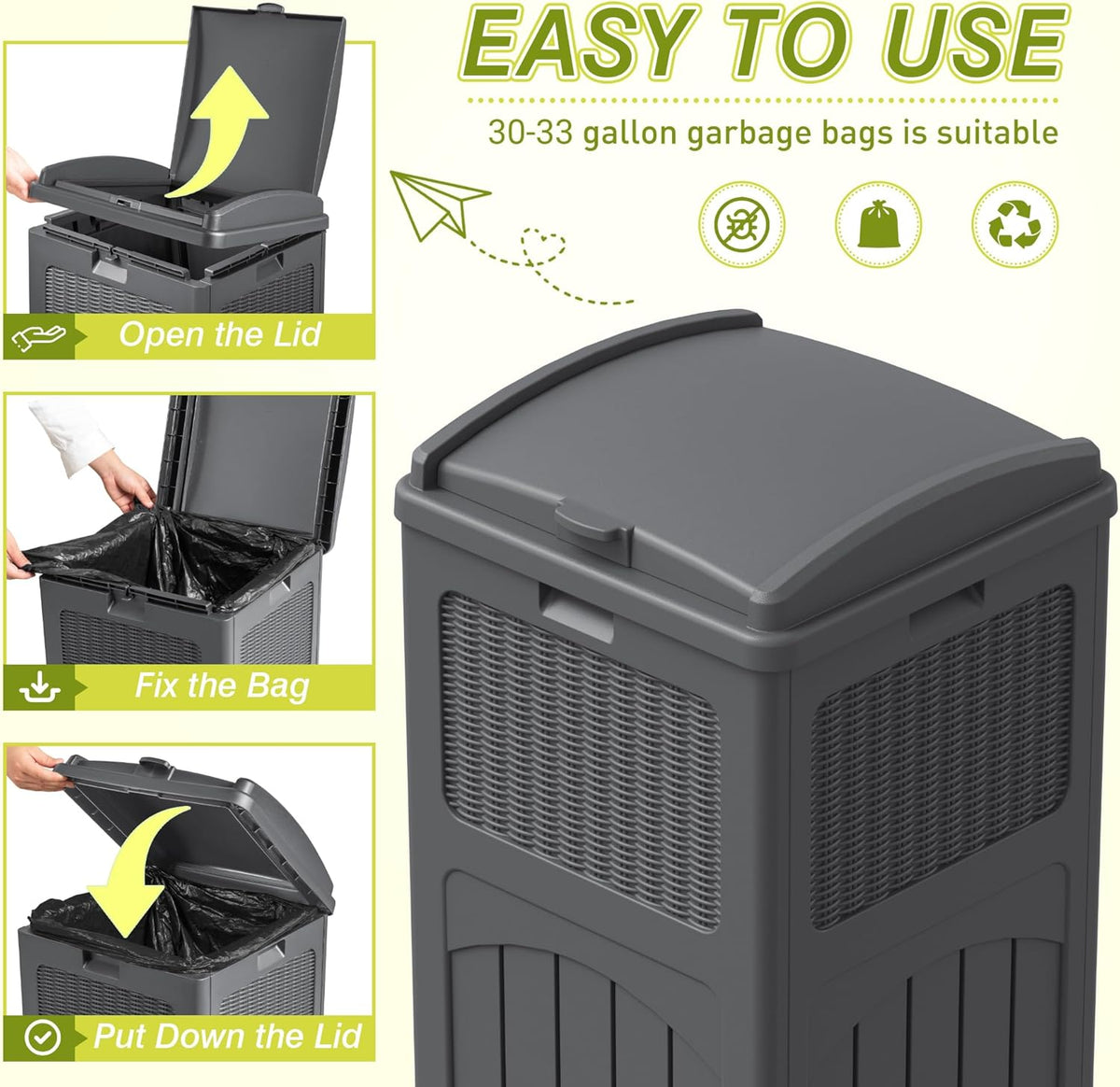 Greesum 33 Gallon Outdoor Trash Can with Lid (2-Pack), Heavy Duty Resin Garbage Bin, Waterproof &