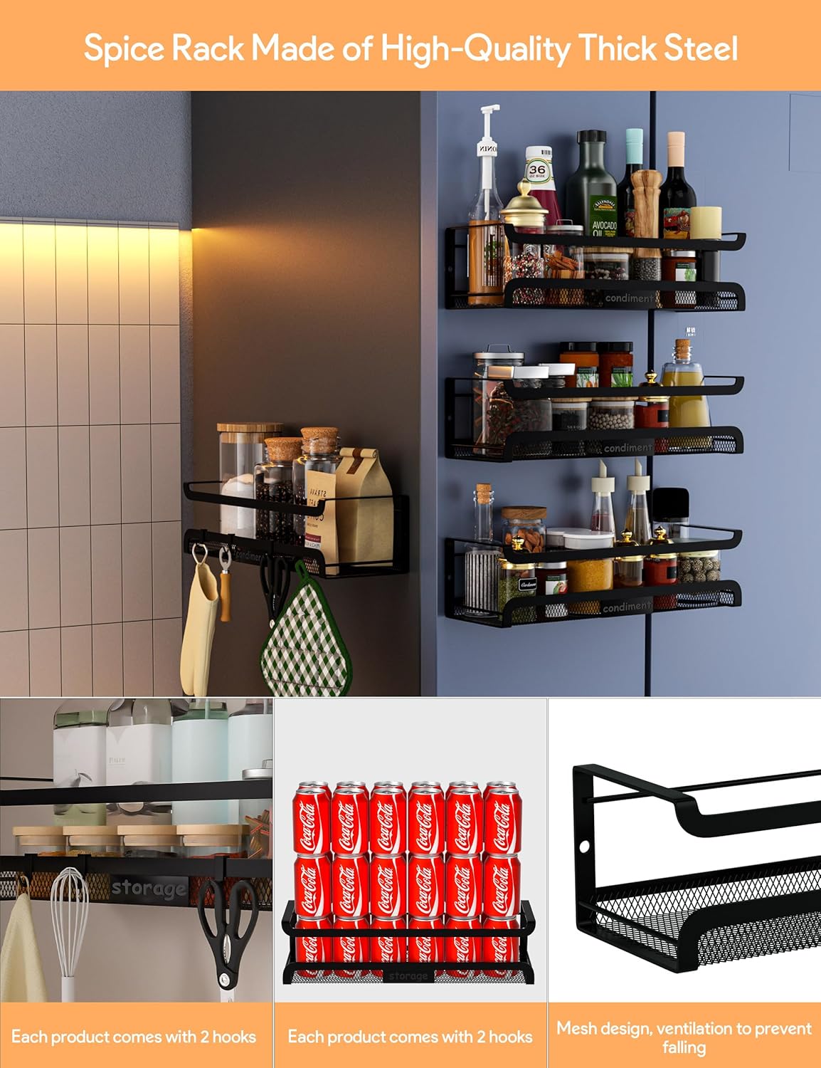 Spice Rack Wall Mount with Hooks - Spice Racks Organizer for Cabinet Storage, Wall Mounted Hanging