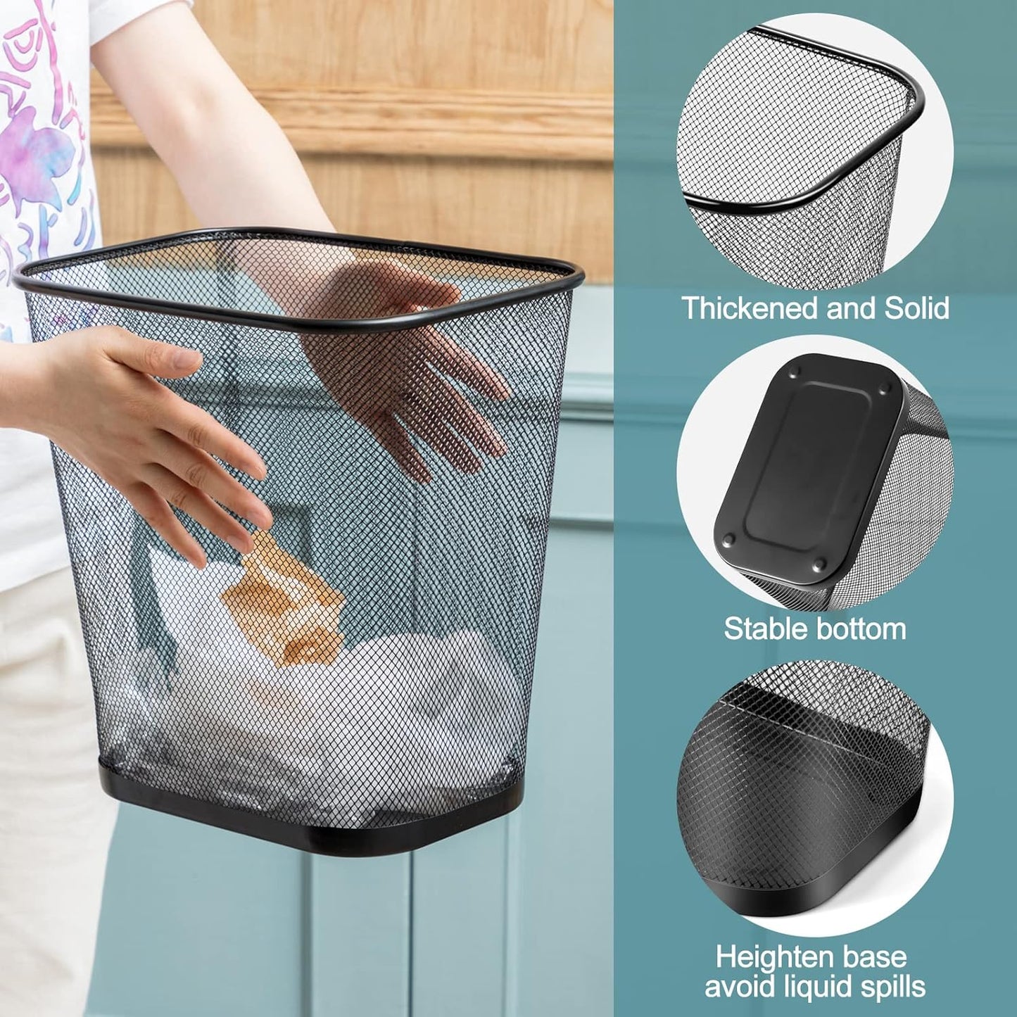 Nuanchu 6 Pcs Mesh Square Trash Cans 4 Gallons Wire Wastebasket for Home Black Metal Office Garbage