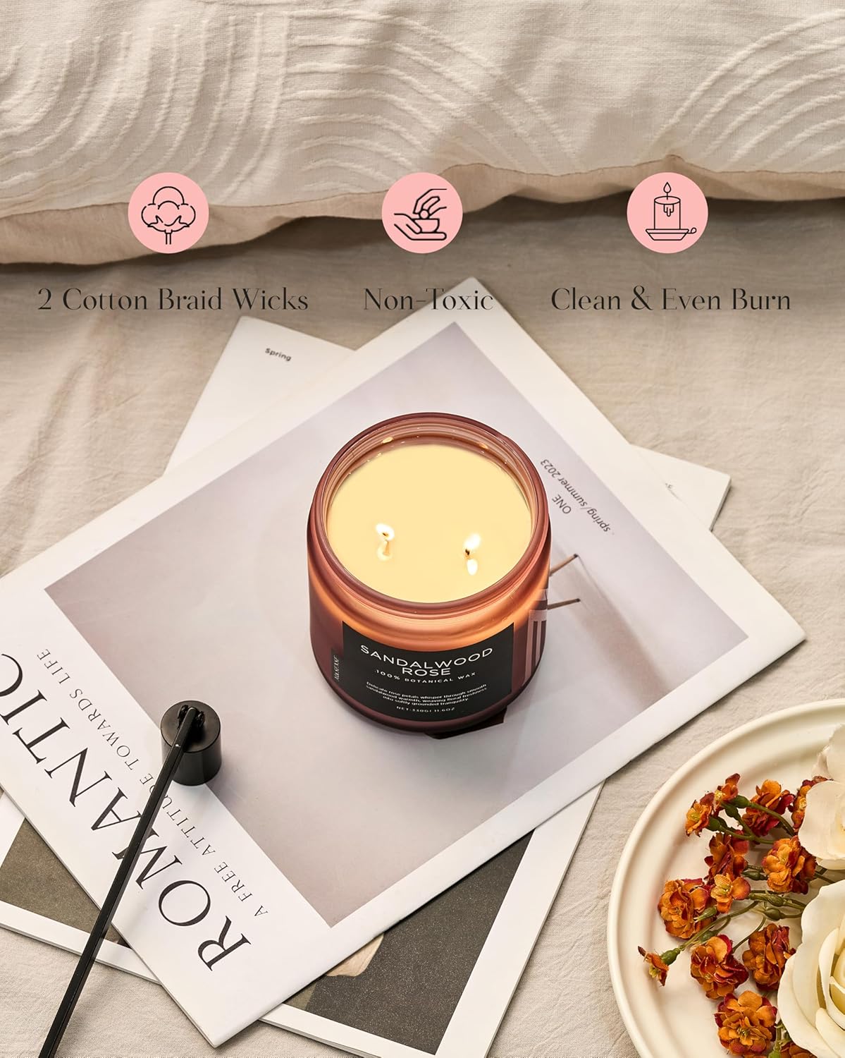 M&SENSE Sandalwood Rose Scented Candle - 11.6oz Natural Soy Wax Non Toxic 70-Hour Burn Long Lasting