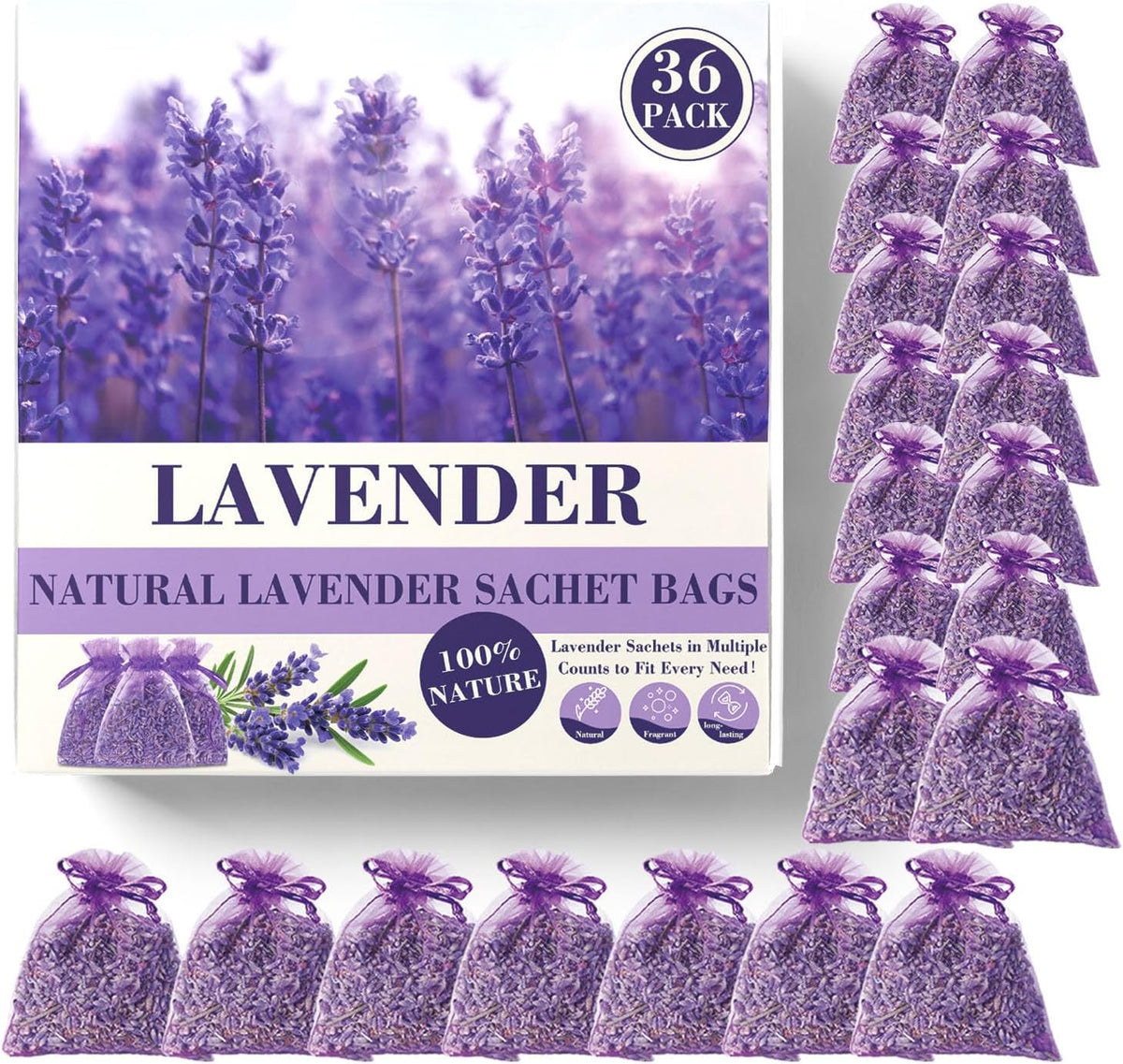 36 Pack French Dried Lavender Sachet Bags, 100% Natural Lavender Bags for Drawers and Closets