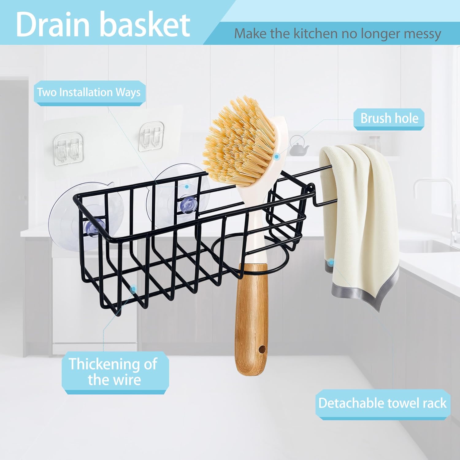 Sponge Holder with Dish Cloth Hanger for Kitchen Sink, In-sink Caddy Organizer with Suction Cups &